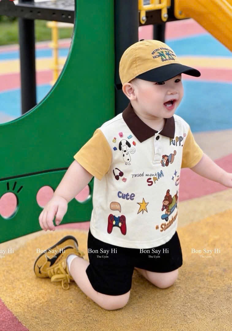T230 - BỘ ĐÙI BÉ TRAI ÁO POLO BE CHÓ PUPPY CỔ NÂU QUẦN ĐEN