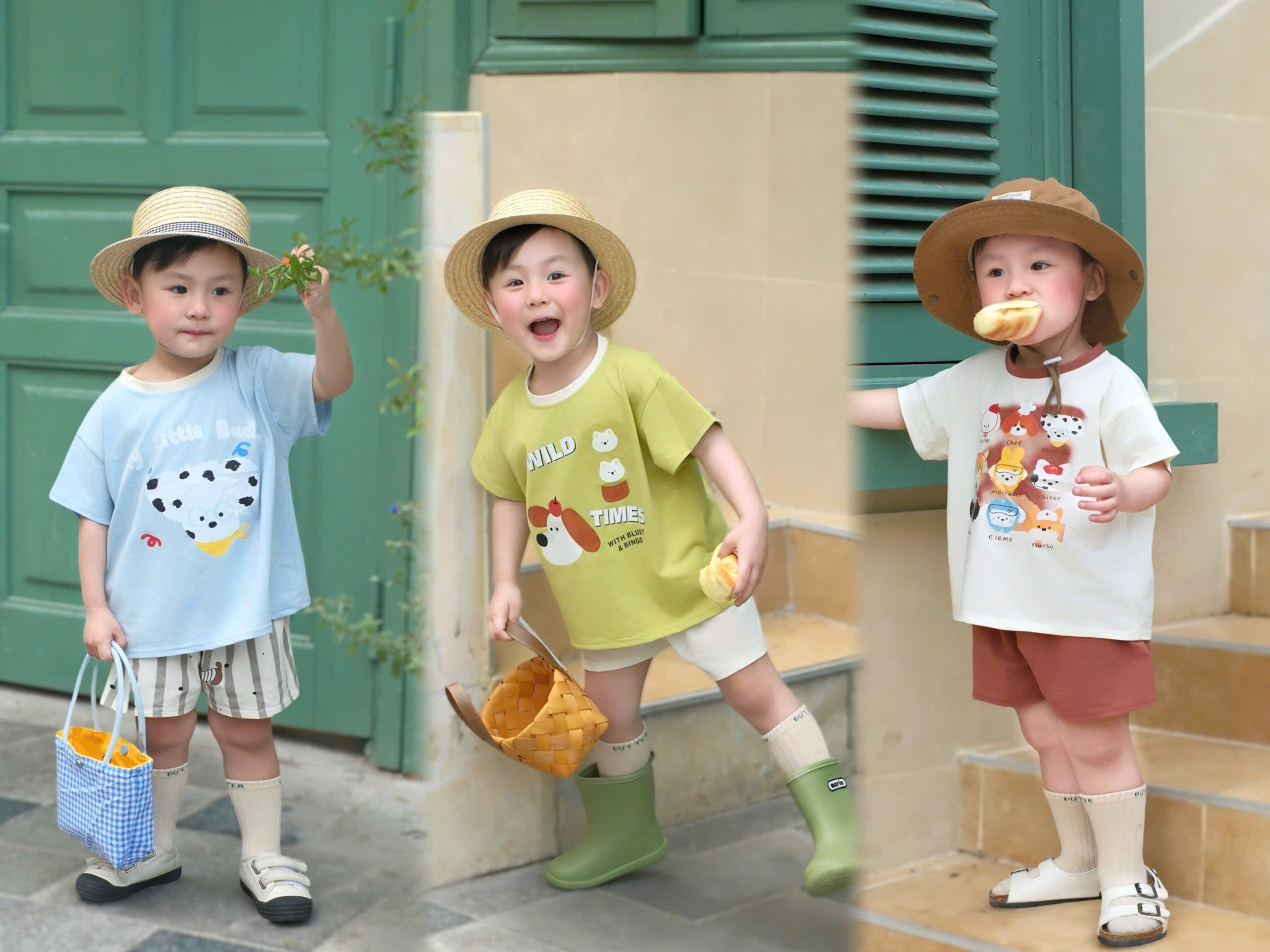 T233 - SET 3 BỘ ĐÙI BÉ TRAI THÚ WILD xanh cốm be