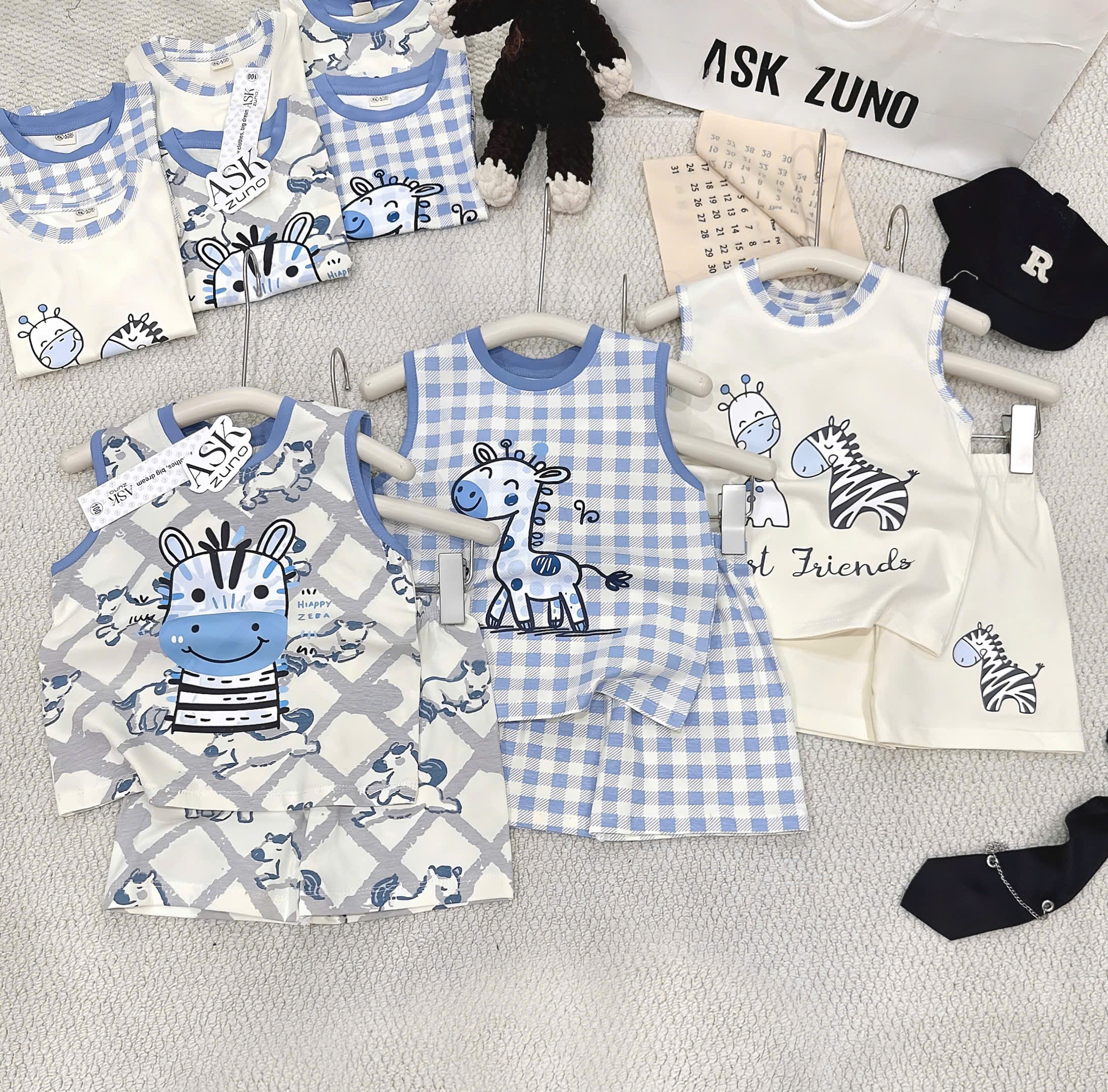 T258 - SET 3 BỘ ĐÙI BÉ TRAI BA LỖ HƯƠU NGỰA VẰN xanh kẻ be