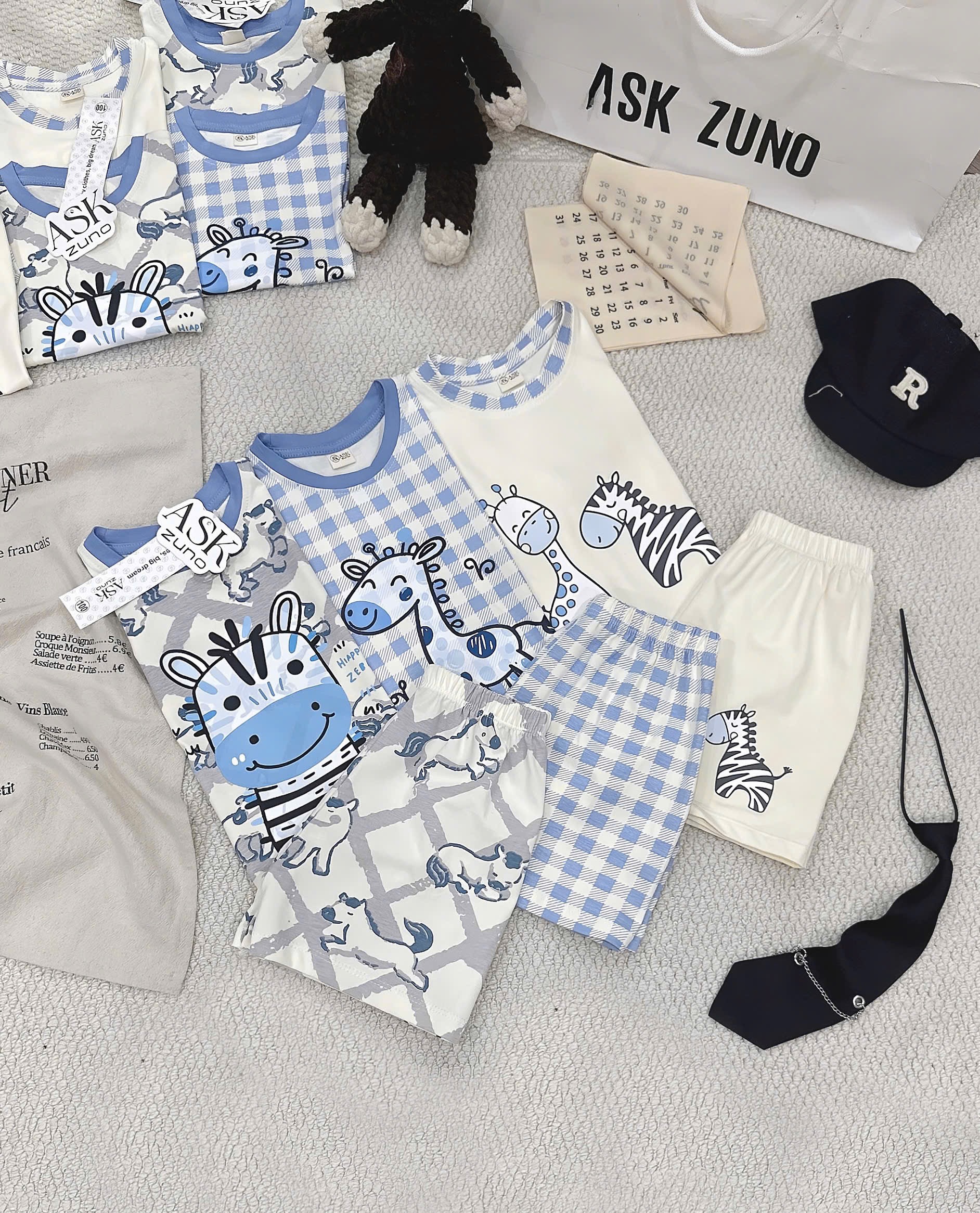 T258 - SET 3 BỘ ĐÙI BÉ TRAI BA LỖ HƯƠU NGỰA VẰN xanh kẻ be