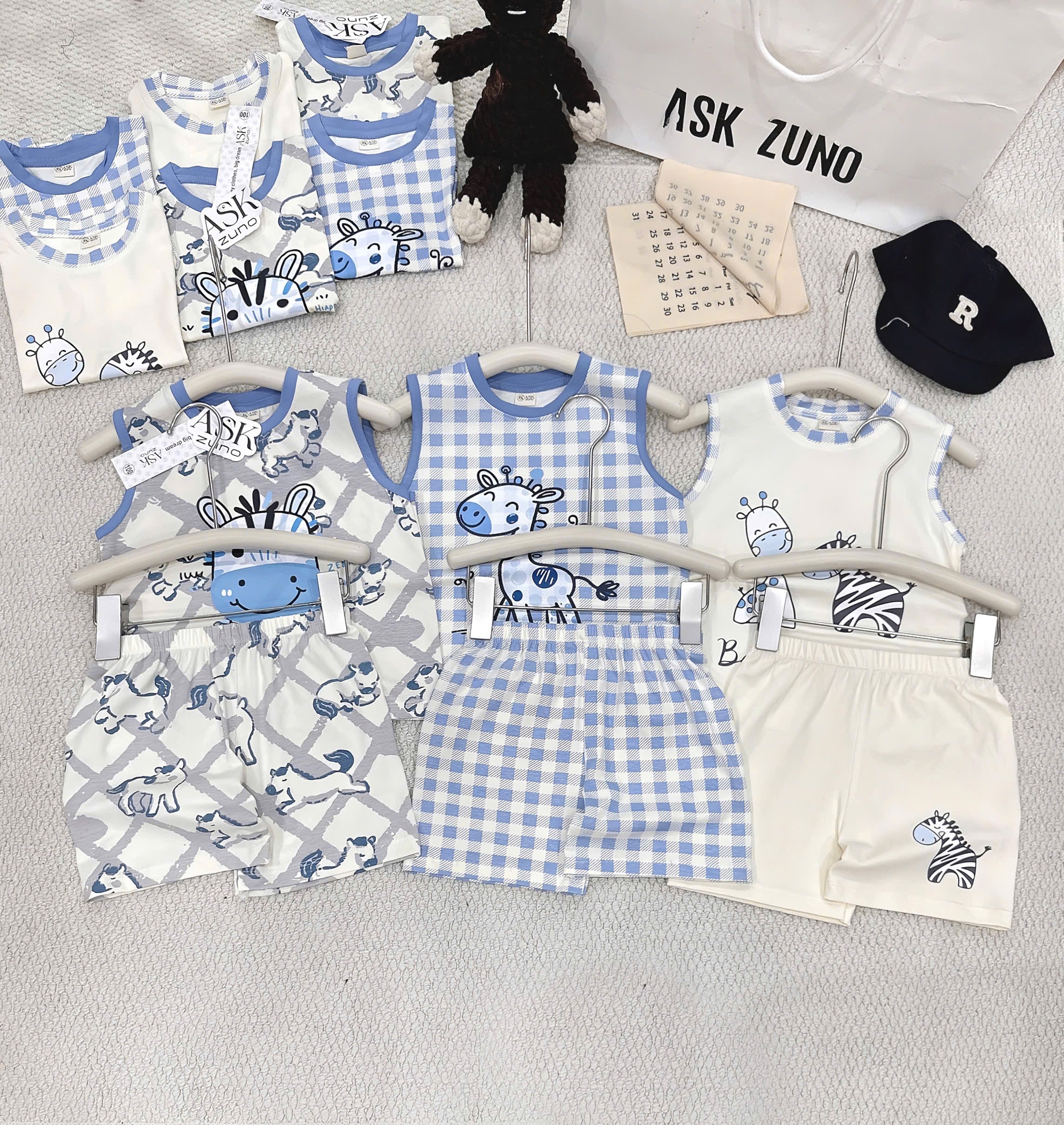 T258 - SET 3 BỘ ĐÙI BÉ TRAI BA LỖ HƯƠU NGỰA VẰN xanh kẻ be