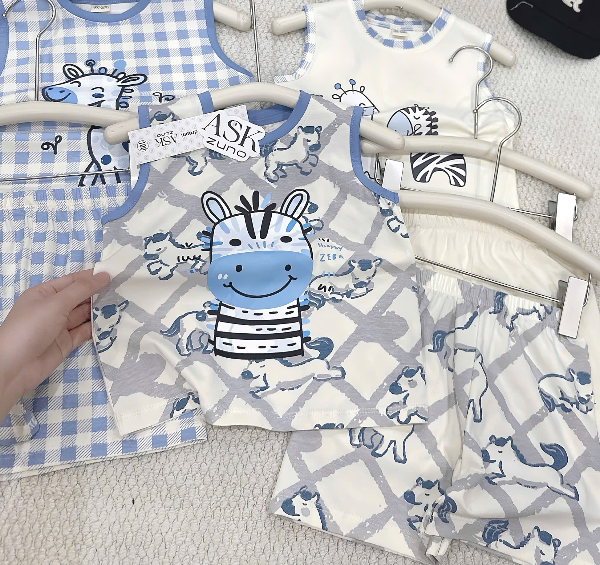 T258 - SET 3 BỘ ĐÙI BÉ TRAI BA LỖ HƯƠU NGỰA VẰN xanh kẻ be