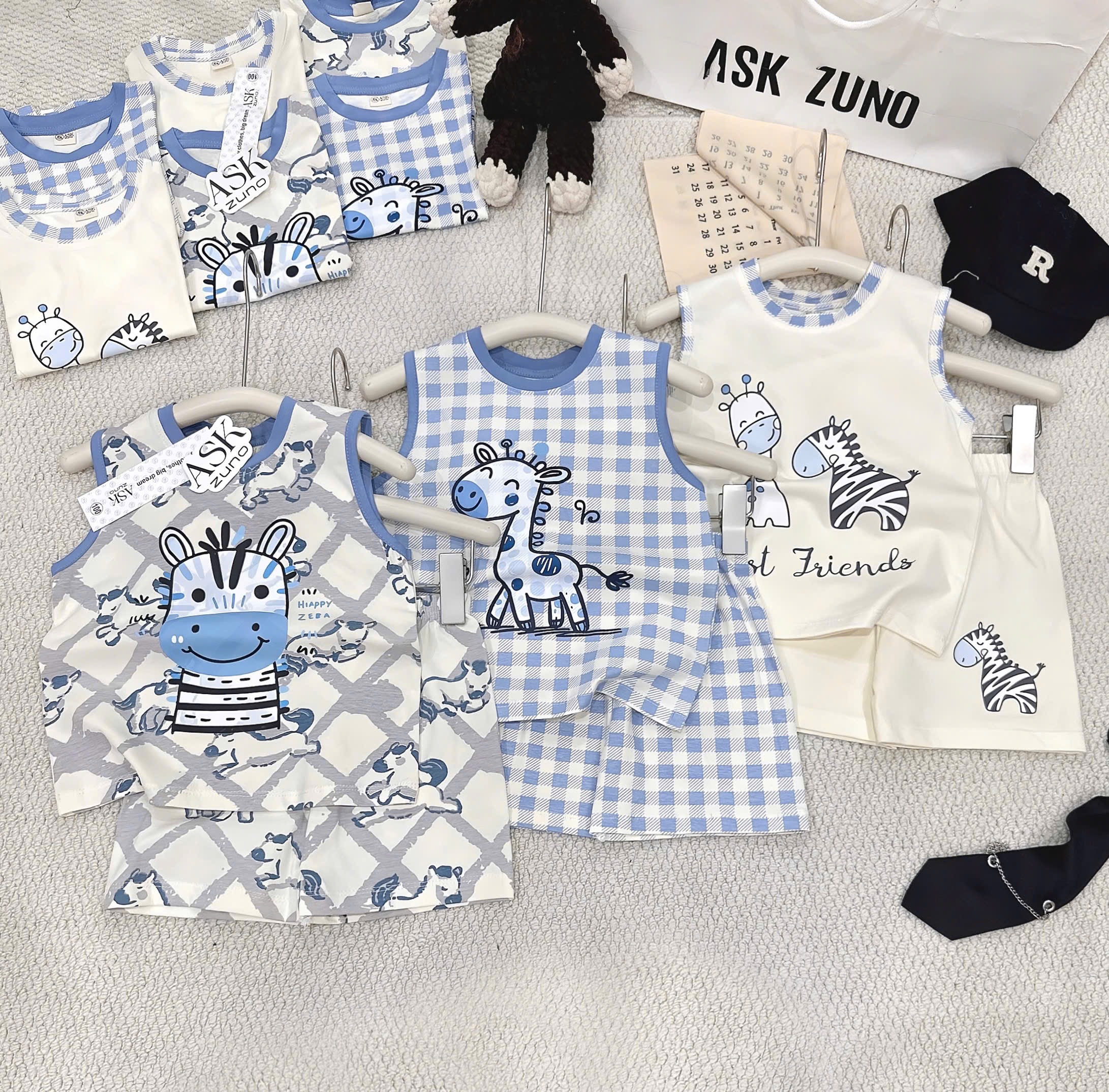 T258 - SET 3 BỘ ĐÙI BÉ TRAI BA LỖ HƯƠU NGỰA VẰN xanh kẻ be