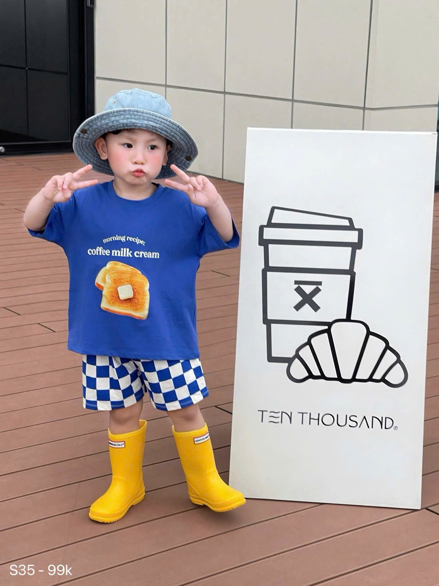 T270 - BỘ ĐÙI BÉ TRAI ÁO XANH COBAN cream QUẦN CARO