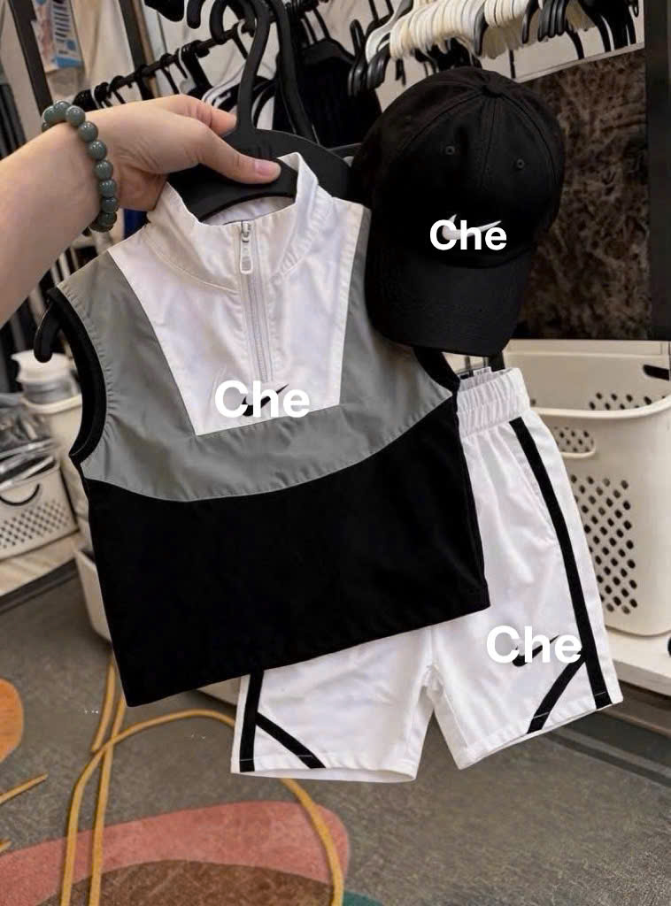 T281 - BỘ ĐÙI GIÓ BÉ TRAI PHỐI ĐEN XÁM TRẮNG KÈM MŨ