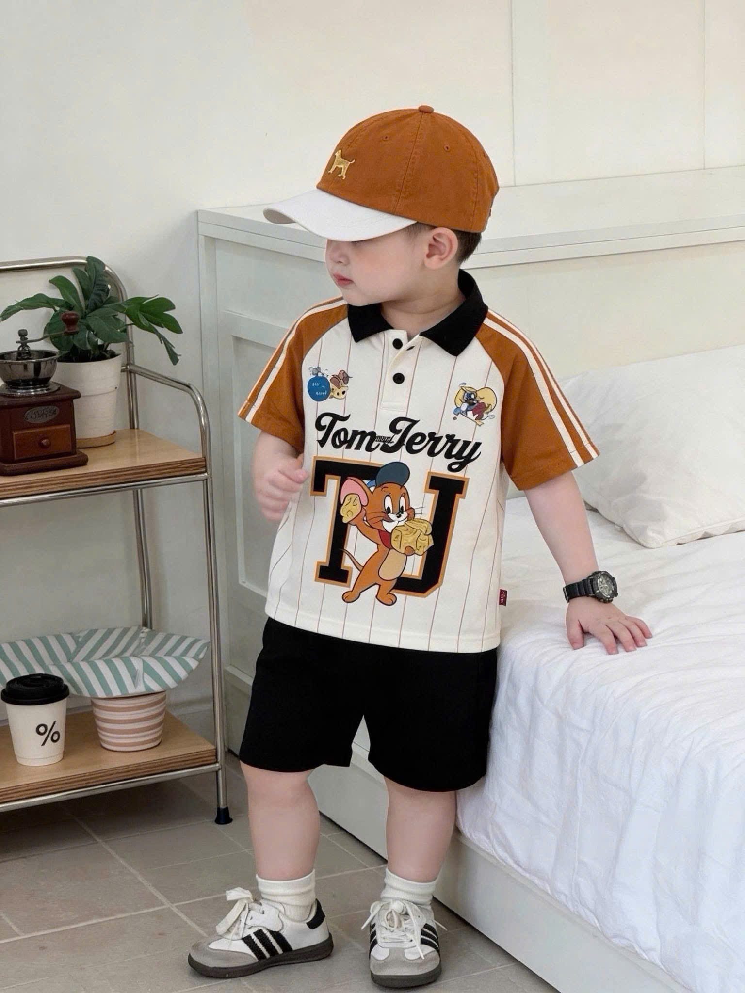 T290 - BỘ ĐÙI BÉ TRAI ÁO POLO PHỐI TAY SNOOPY KÈM MŨ