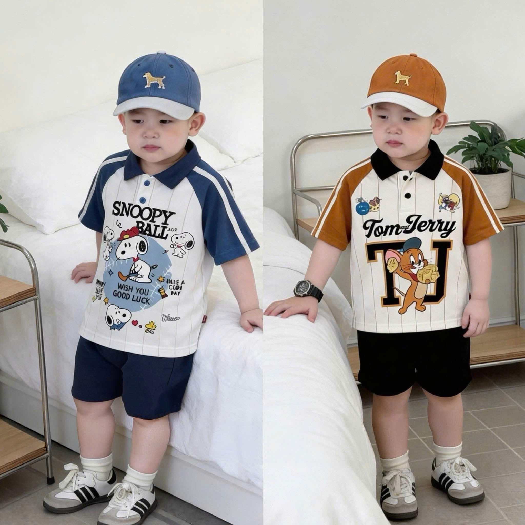 T290 - BỘ ĐÙI BÉ TRAI ÁO POLO PHỐI TAY SNOOPY KÈM MŨ
