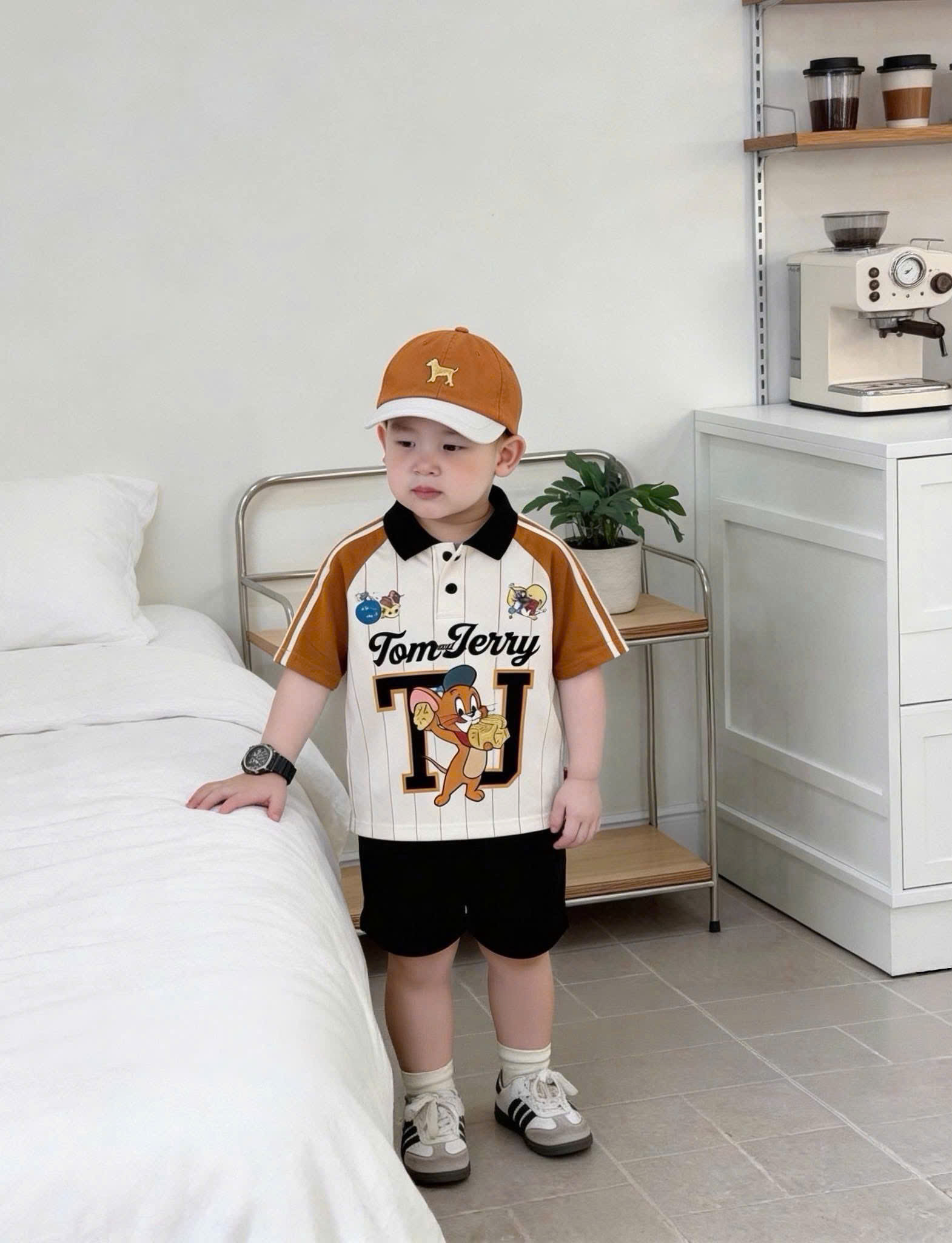 T290 - BỘ ĐÙI BÉ TRAI ÁO POLO PHỐI TAY SNOOPY KÈM MŨ