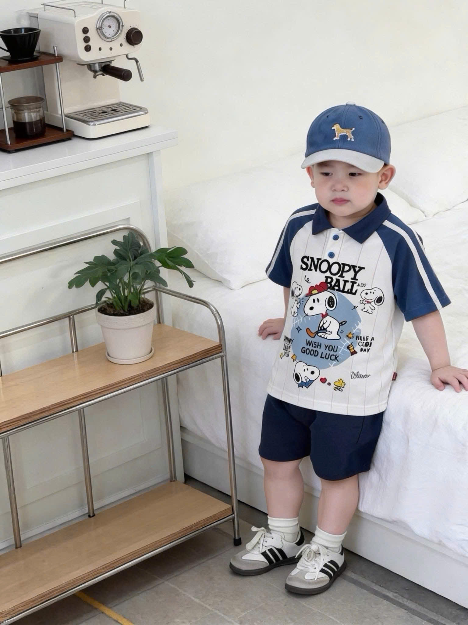 T290 - BỘ ĐÙI BÉ TRAI ÁO POLO PHỐI TAY SNOOPY KÈM MŨ
