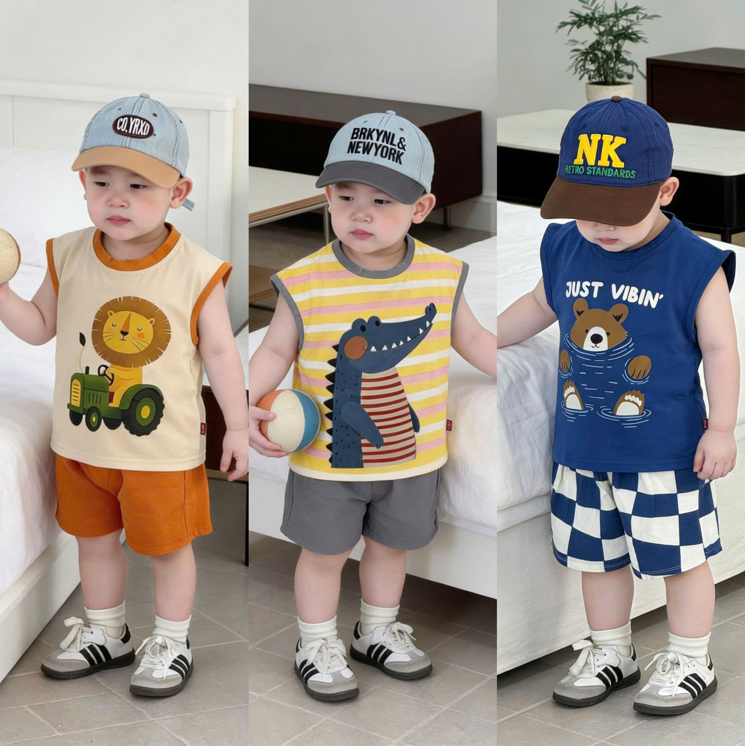 T298 - SET 3 BỘ ĐÙI BÉ TRAI BA LỖ KHỦNG LONG SƯ TỬ xanh vàng