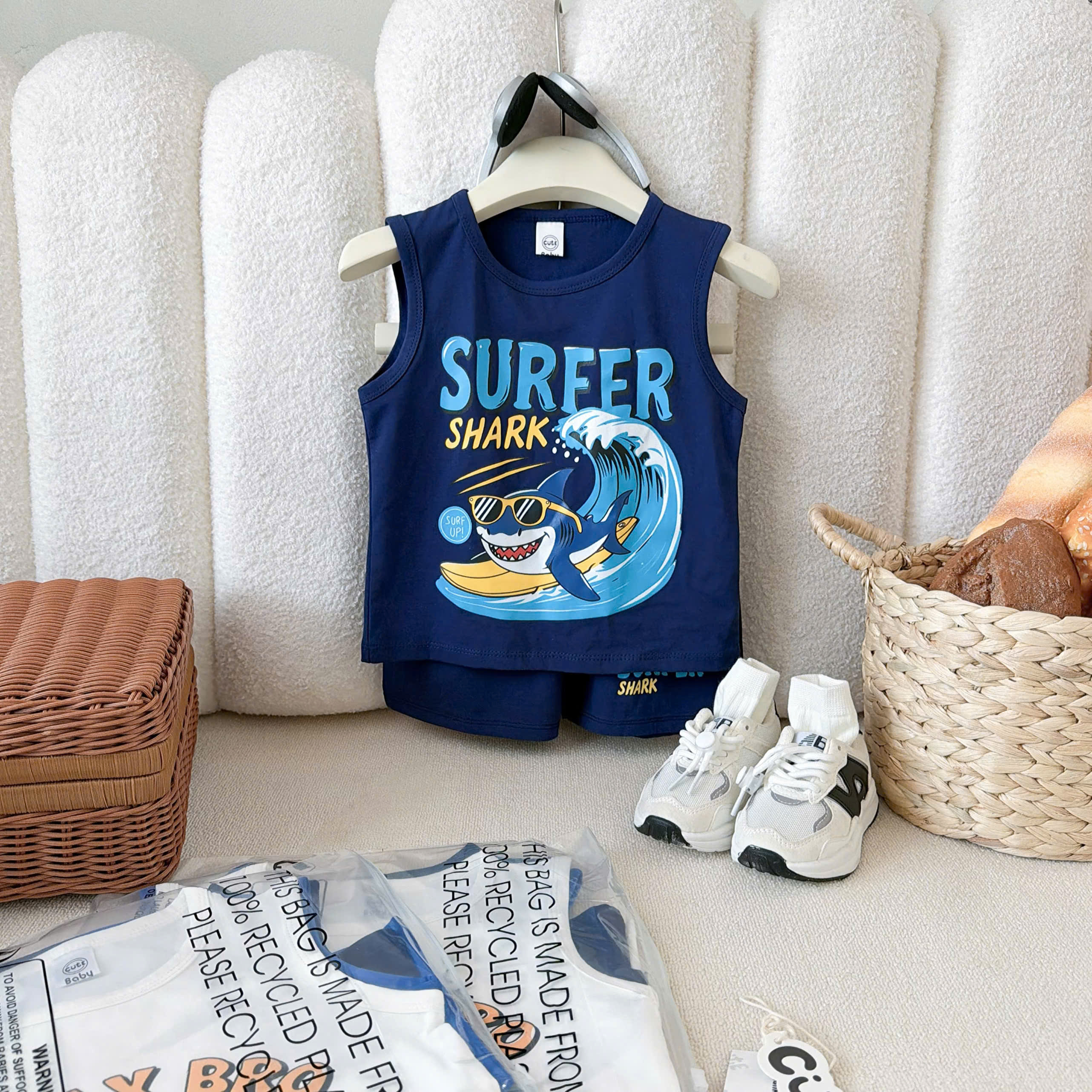 T300 - SET 3 BỘ ĐÙI BÉ TRAI SUMMER RELAX than xanh trắng