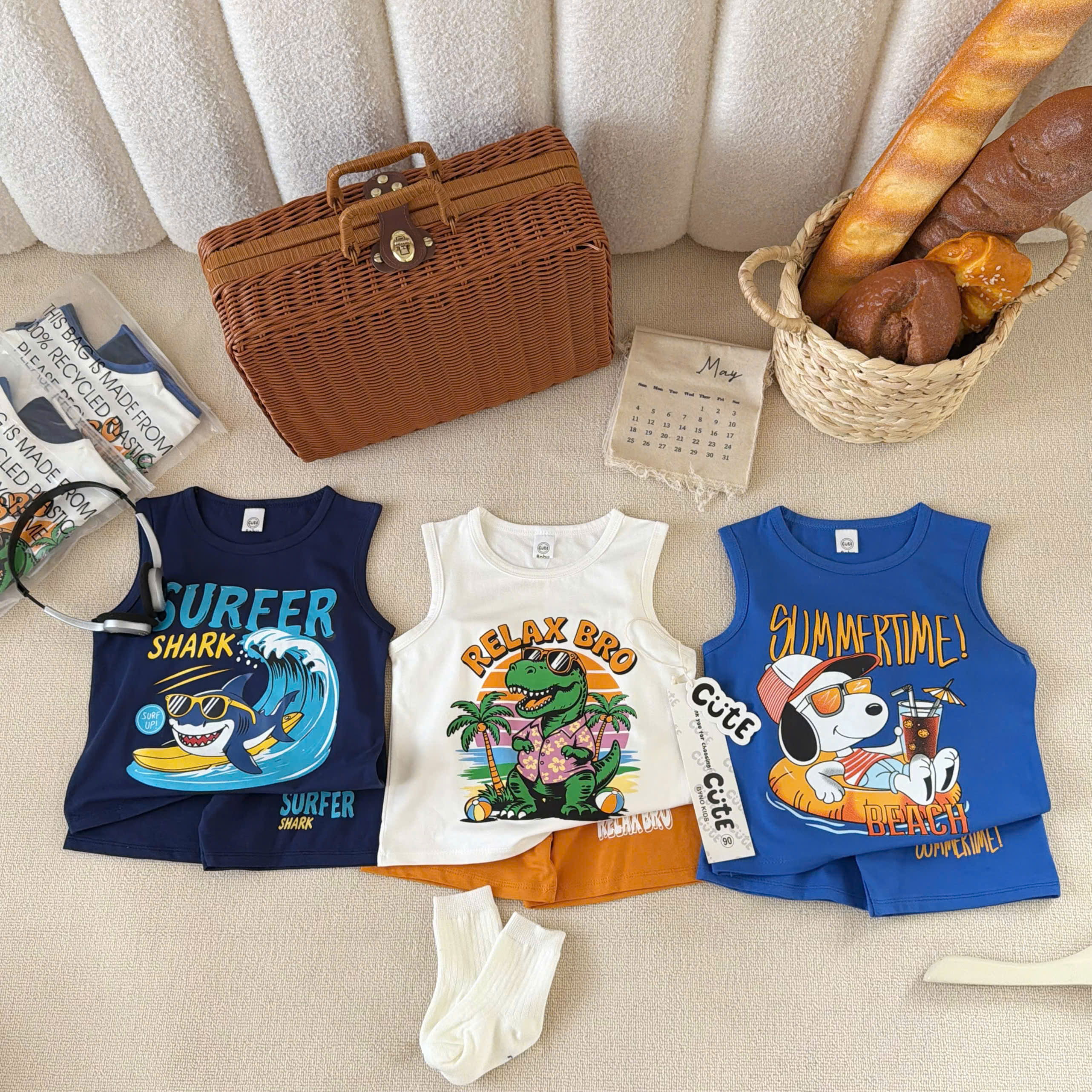 T300 - SET 3 BỘ ĐÙI BÉ TRAI SUMMER RELAX than xanh trắng