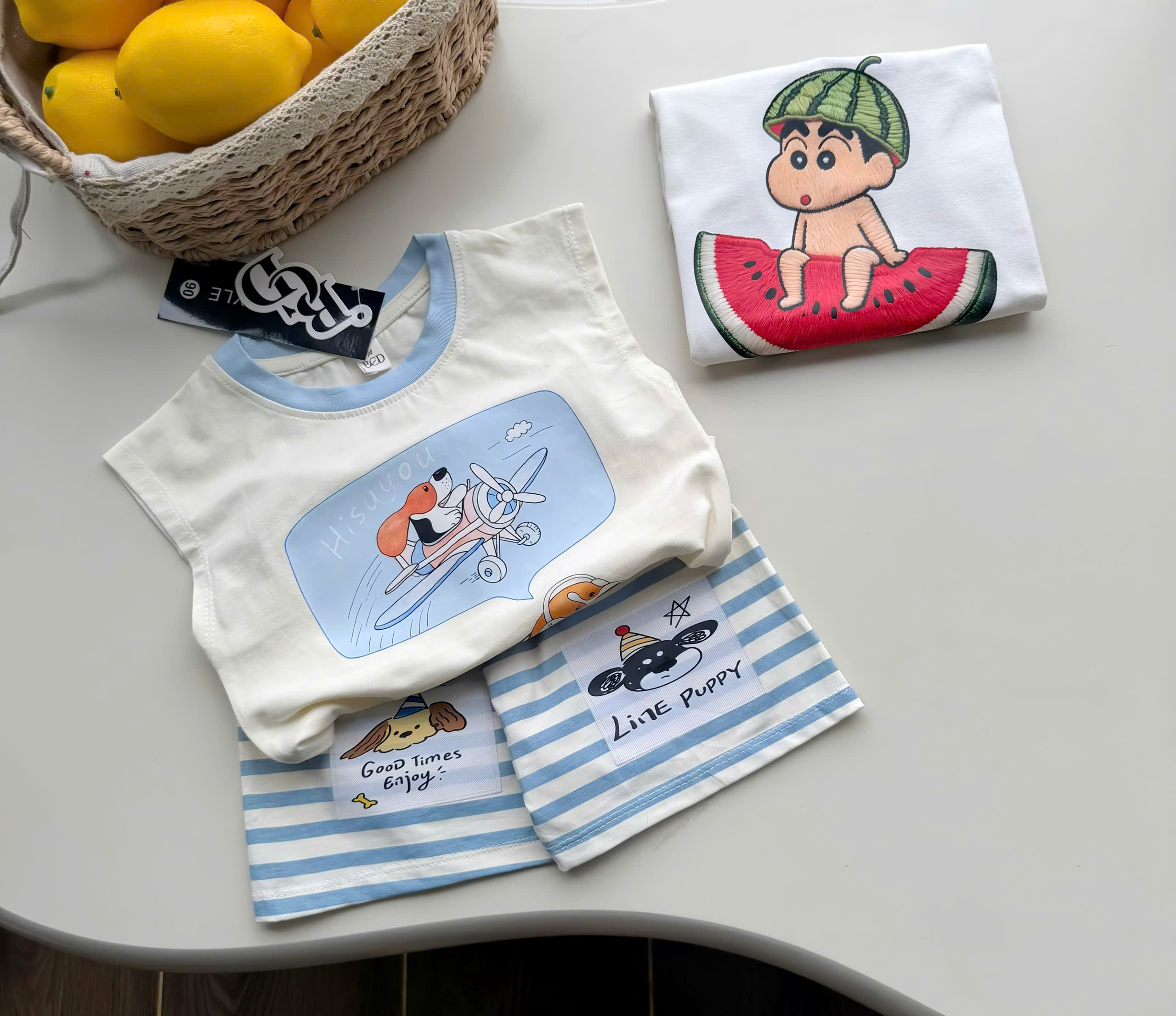 T318 - SET 2 BỘ ĐÙI BÉ TRAI BA LỖ SHIN DƯA HẤU be trắng
