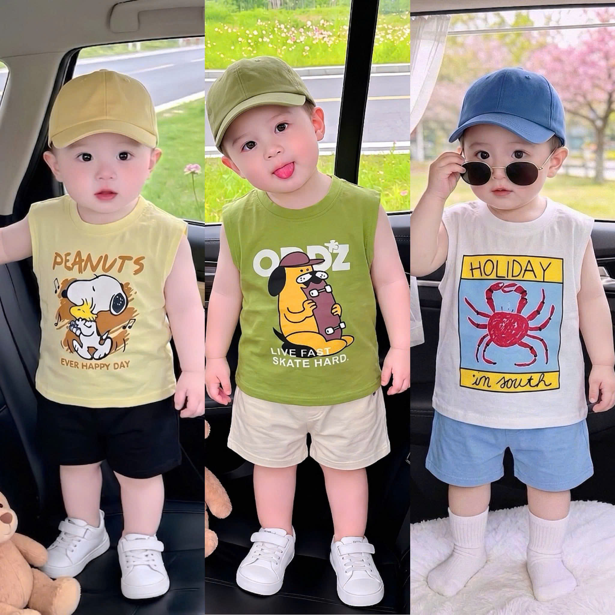 T319 - SET 3 BỘ ĐÙI BÉ TRAI BA LỖ HOLIDAY xanh vàng trắng