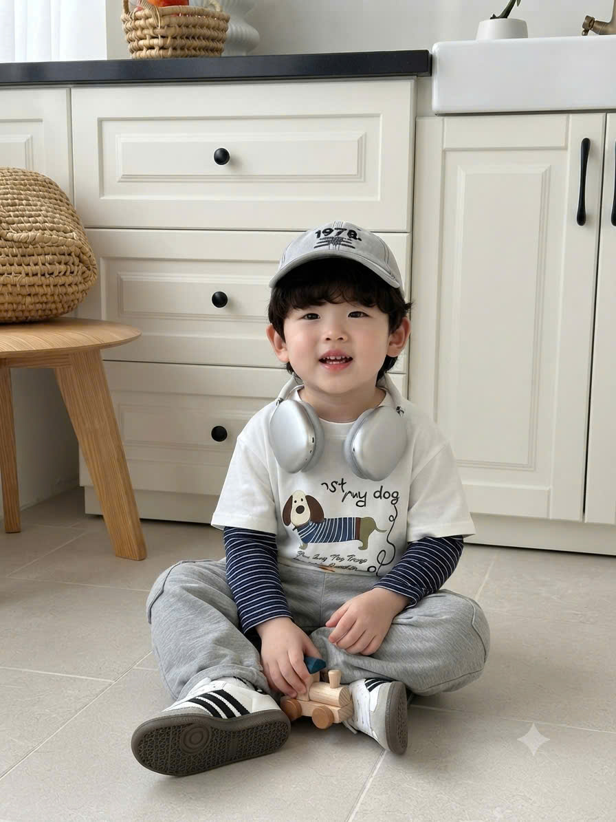 T353 - BỘ BÉ TRAI ÁO DÀI TAY CHÓ TAY KẺ QUẦN XÁM SUÔNG