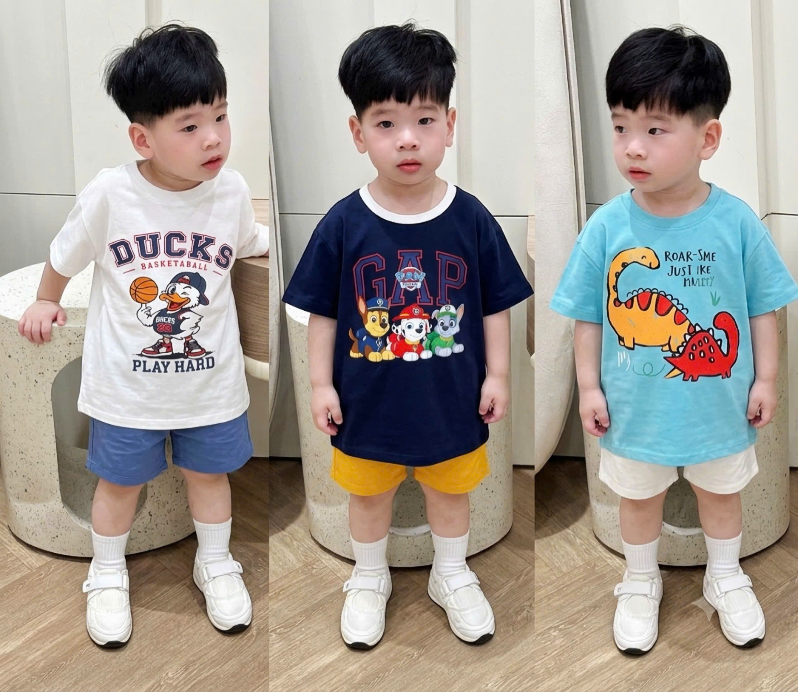 (chờ) T417 - SET 3 BỘ ĐÙI BÉ TRAI PHỐI MÀU VỊT CHÓ KHỦNG LONG
