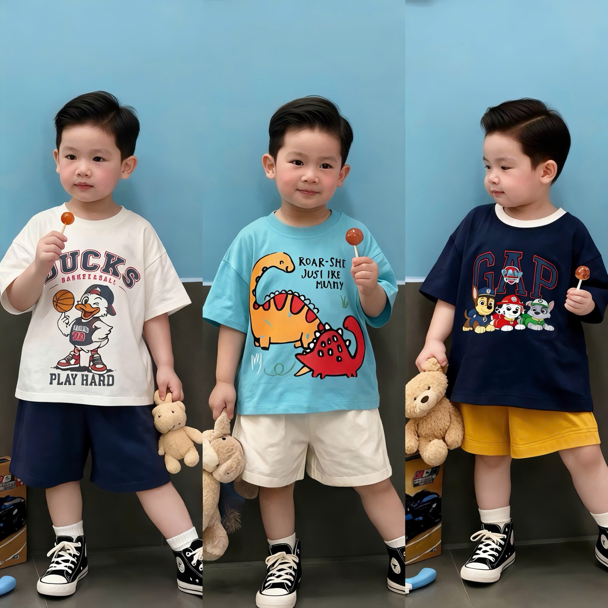 (chờ) T417 - SET 3 BỘ ĐÙI BÉ TRAI PHỐI MÀU VỊT CHÓ KHỦNG LONG
