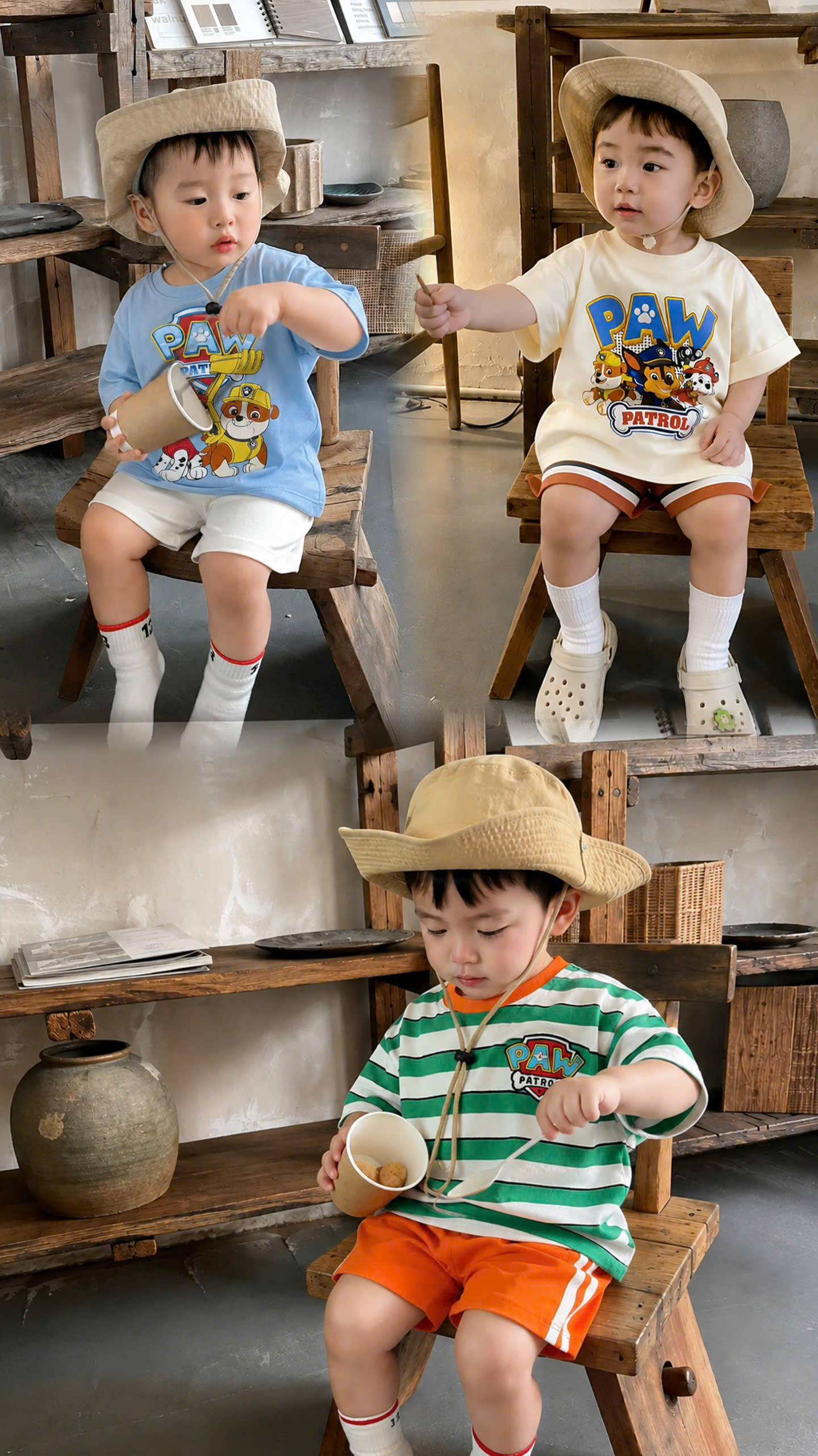 T423 - SET 3 BỘ ĐÙI BÉ TRAI PAW PATROL xanh kẻ be