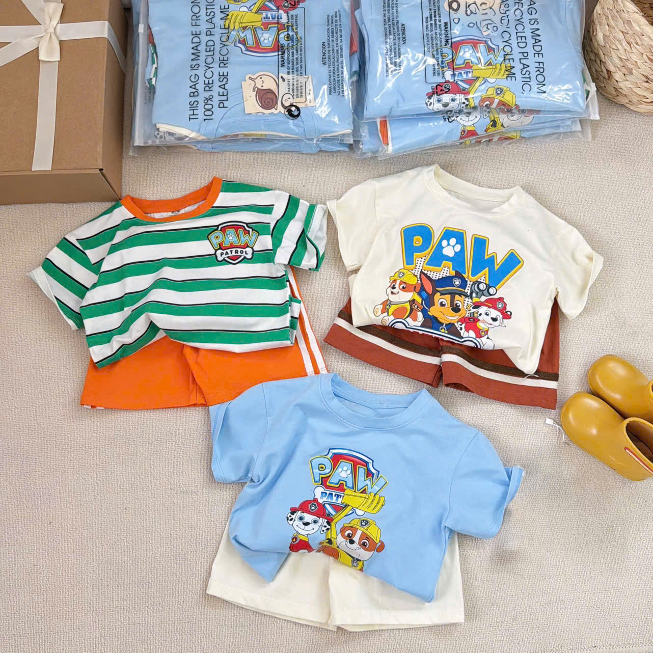 T423 - SET 3 BỘ ĐÙI BÉ TRAI PAW PATROL xanh kẻ be