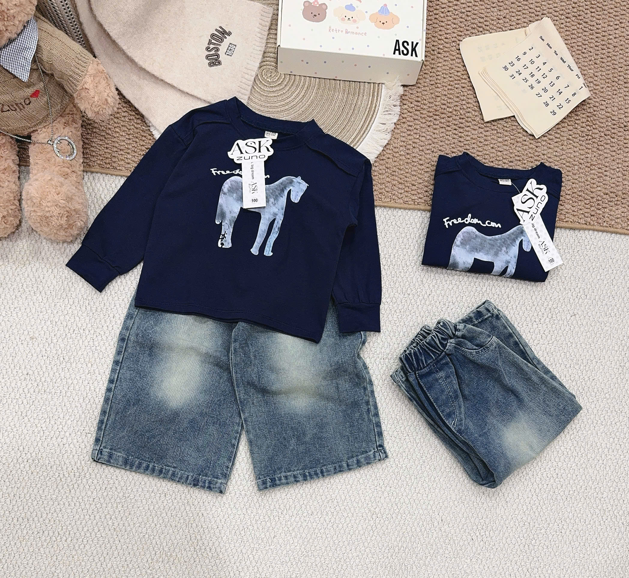 T418 - SET BÉ TRAI ÁO THAN DÀI NGỰA TRẮNG QUẦN BÒ SUÔNG