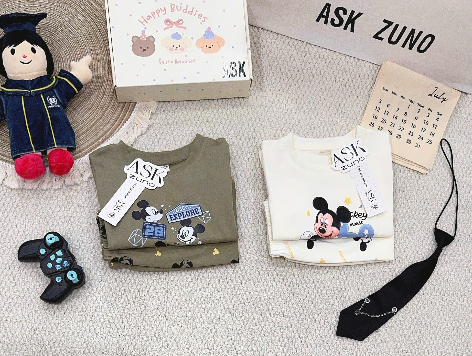 T426 - SET 2 BỘ BÉ TRAI DÀI TAY COTTON MICKEY rêu be