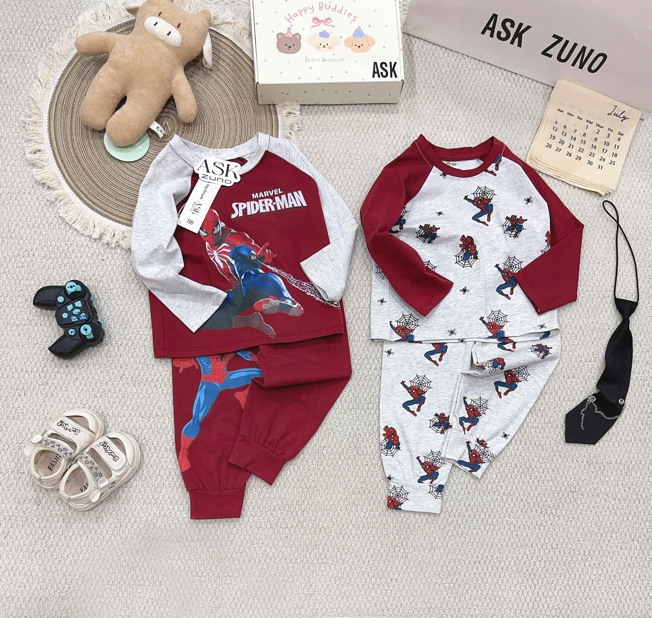 T432 - SET 2 BỘ BÉ TRAI DÀI TAY SPIDERMAN TRÀN đỏ xám