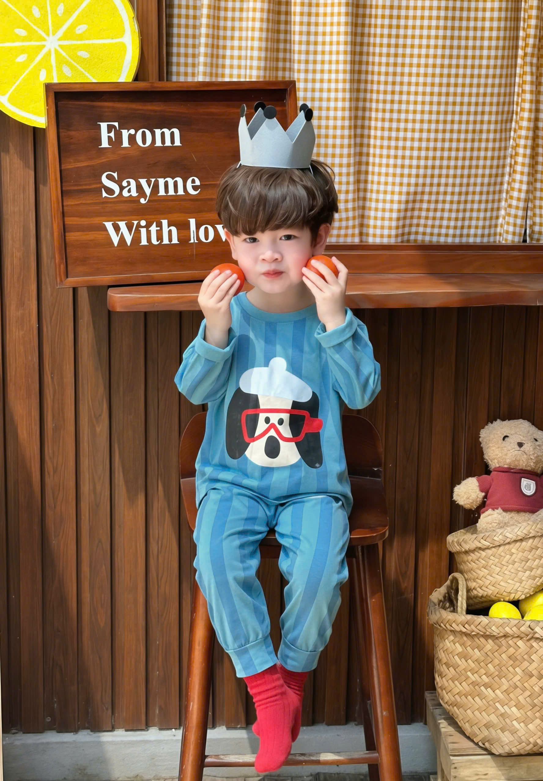 T440 - SET 2 BỘ BÉ TRAI DÀI TAY PUPPY xanh sọc caro