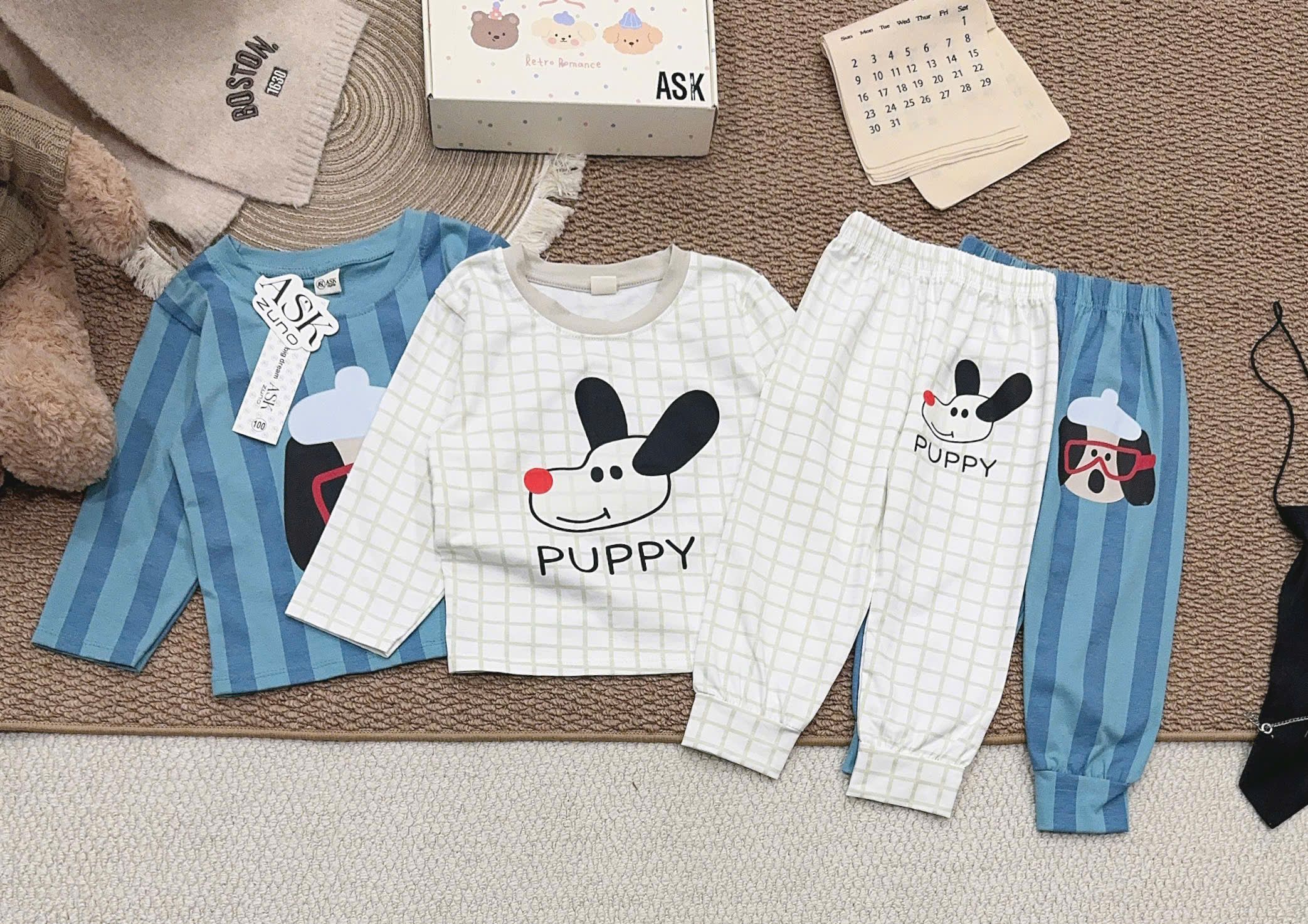 T440 - SET 2 BỘ BÉ TRAI DÀI TAY PUPPY xanh sọc caro