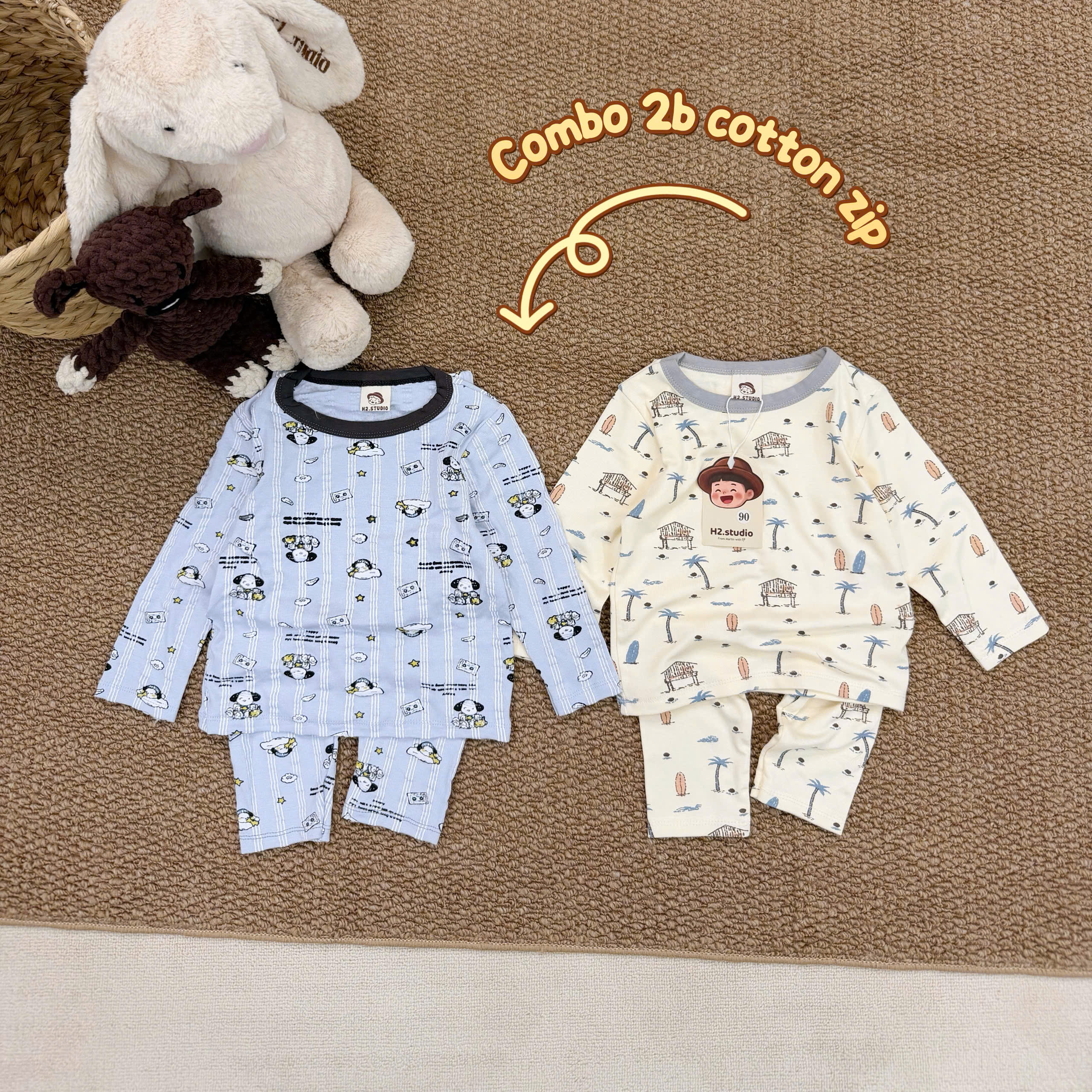 T442 - SET 2 BỘ BÉ TRAI DÀI TAY ZIP HOẠT HÌNH CHÓ