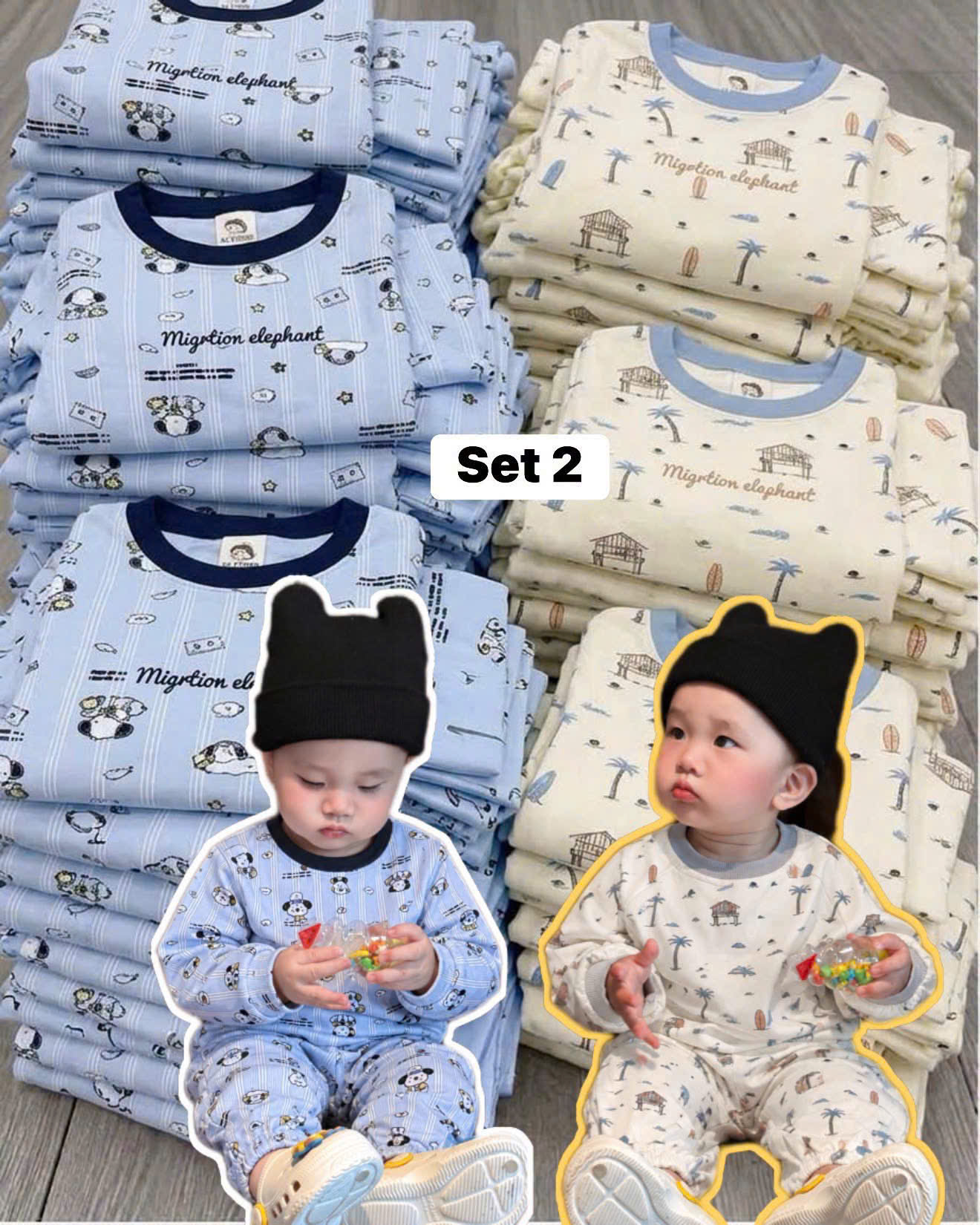 T442 - SET 2 BỘ BÉ TRAI DÀI TAY ZIP HOẠT HÌNH CHÓ