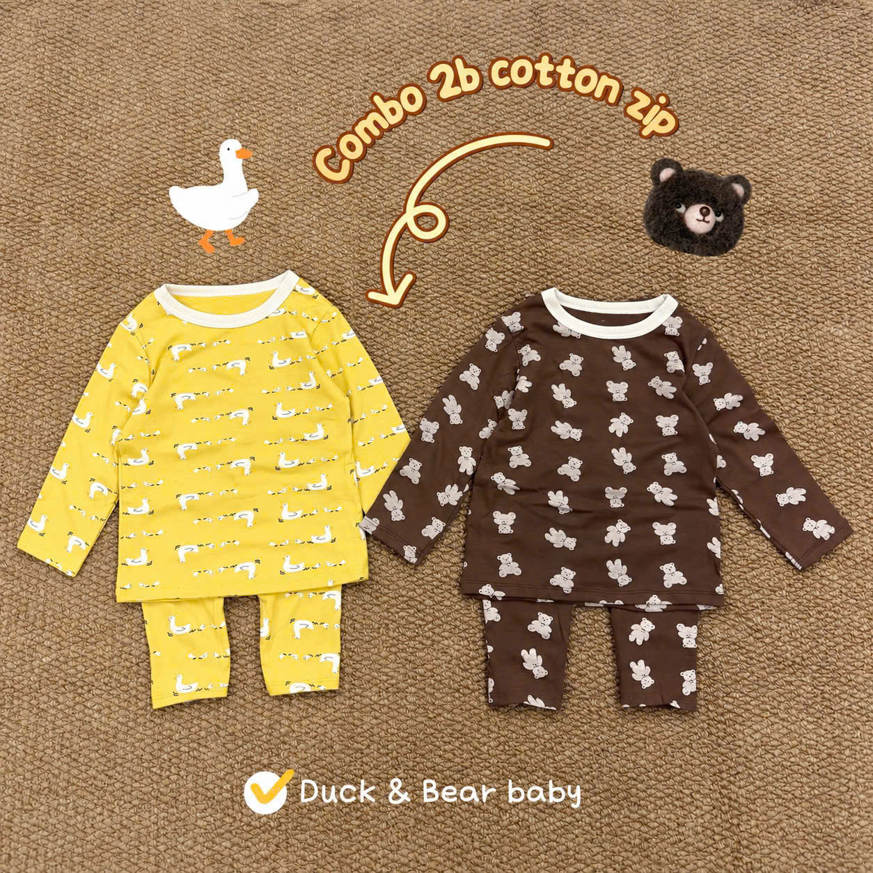 T443 - SET 2 BỘ BÉ TRAI GÁI ZIP VỊT GẤU nâu vàng