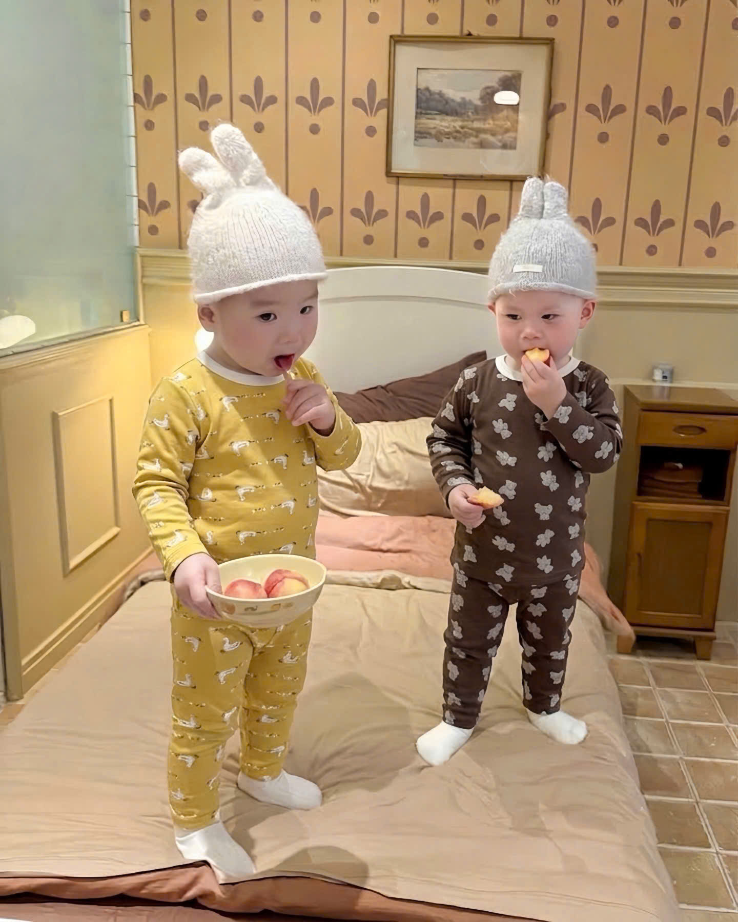 T443 - SET 2 BỘ BÉ TRAI GÁI ZIP VỊT GẤU nâu vàng