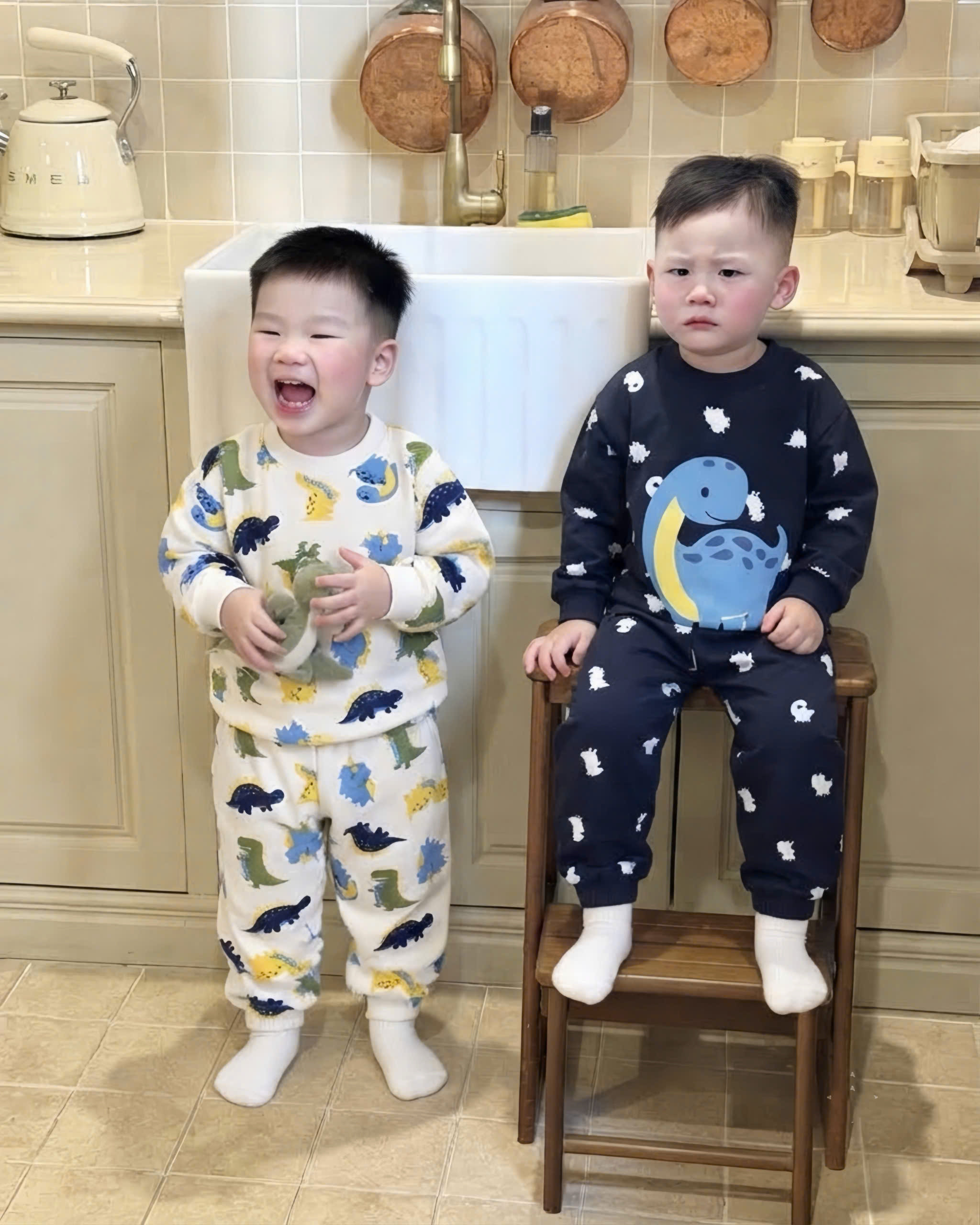 T446 - SET 2 BỘ BÉ TRAI DÀI TAY KHỦNG LONG BO CỔ than trắng