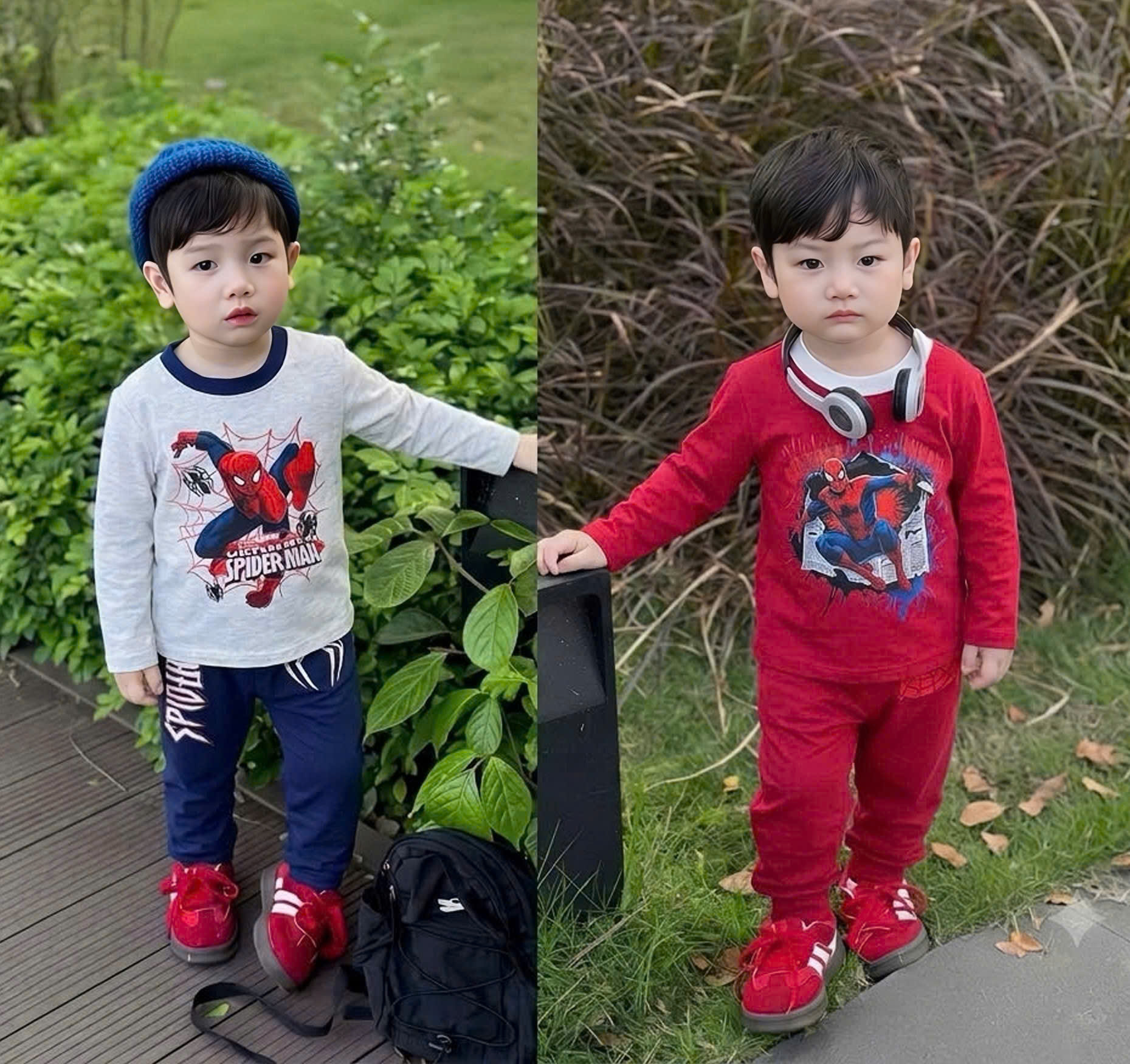 T448 - SET 2 BỘ BÉ TRÁI COTTON SPIDERMAN CỔ PHỐI đỏ ghi