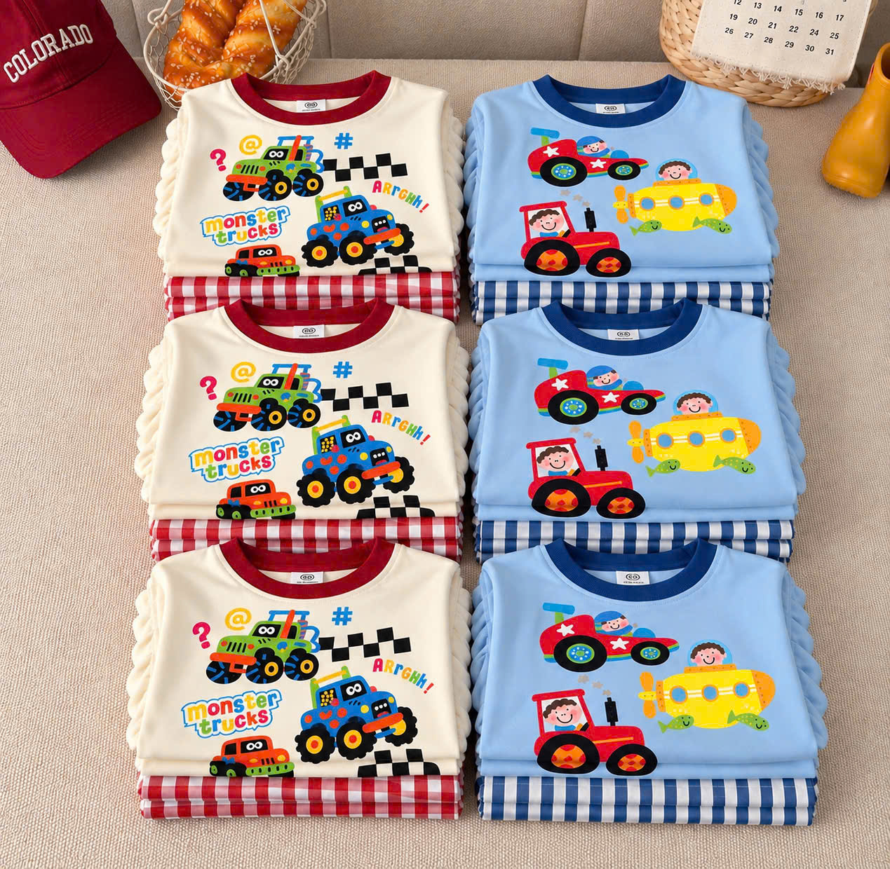 (chờ) T459 - SET 2 BỘ ĐÙI BÉ TRAI OTO MONSTER TRUCK xanh be