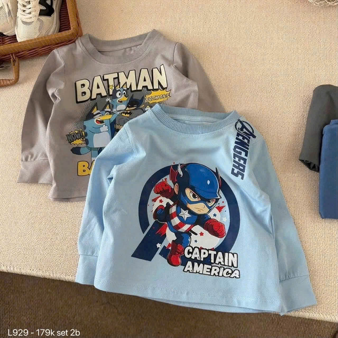 (chờ) T461 - SET 2 BỘ BÉ TRAI DÀI TAY BATMAN AVENGERS xanh xám
