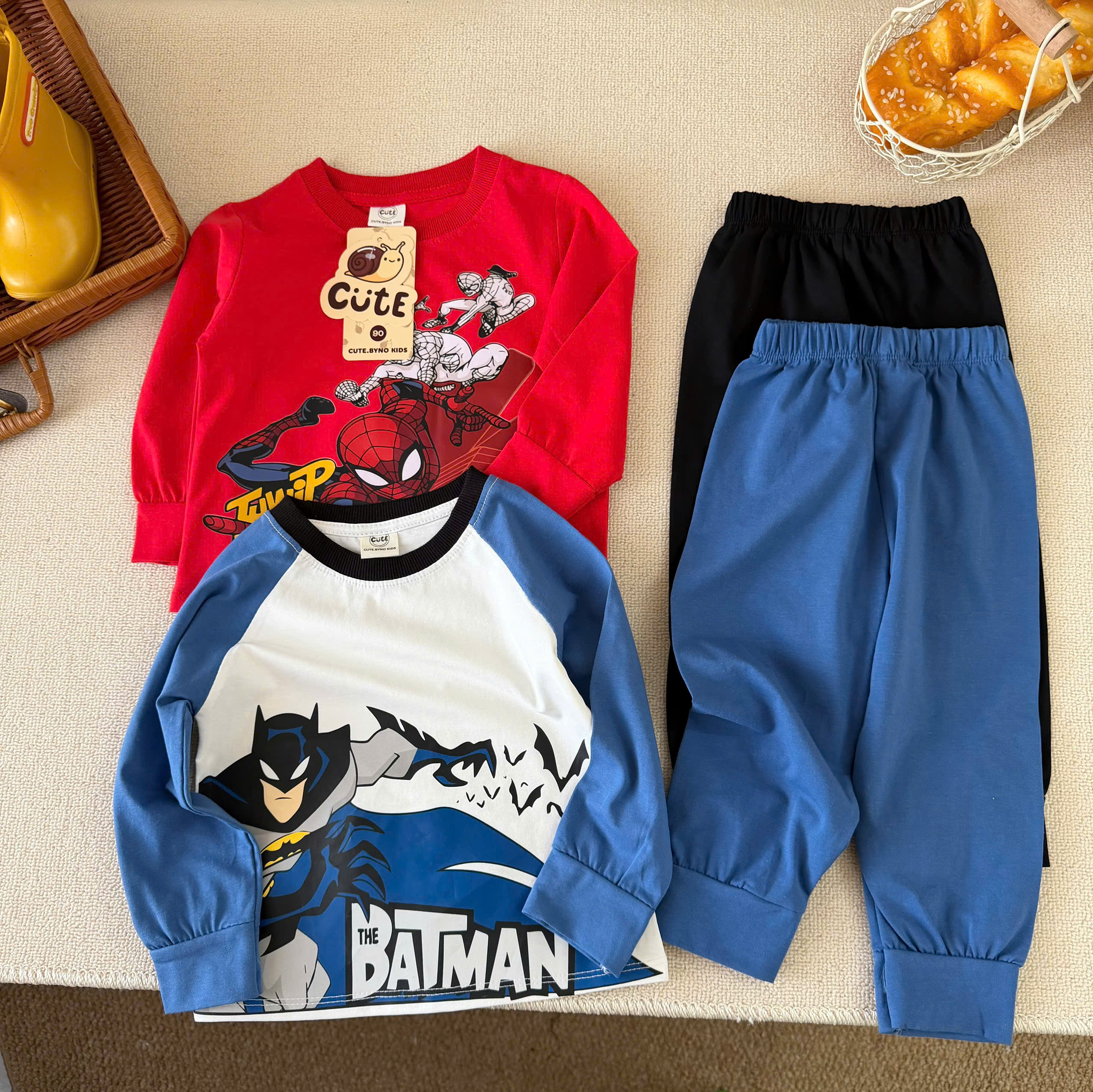 (chờ) T463 - SET 2 BỘ BÉ TRAI DÀI TAY BATMAN PHỐI TRẮNG xanh đỏ
