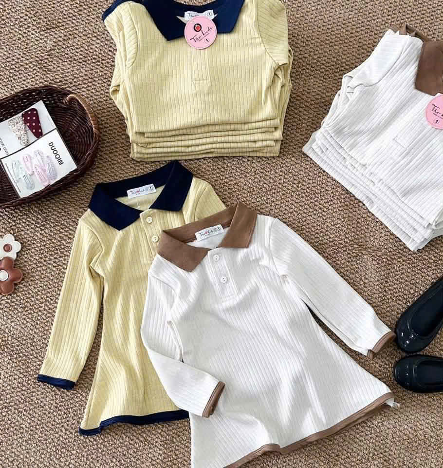 VB604 - VÁY BÉ GÁI POLO LEN TĂM XÒE CỔ PHỐI DÀI TAY