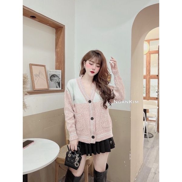 ANU210 - ÁO KHOÁC LEN NHUNG CARDIGAN PHỐI HỒNG TRẮNG