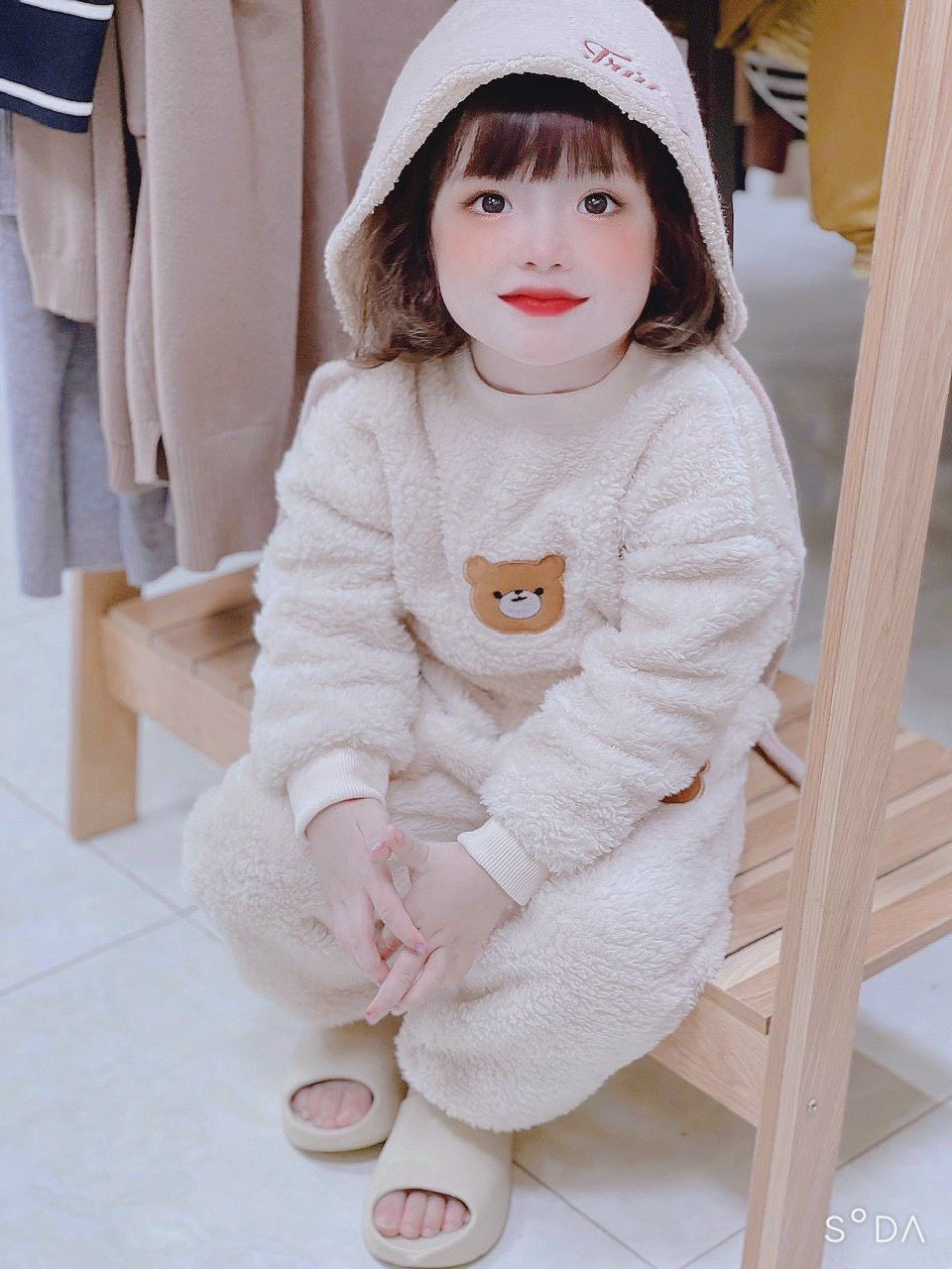 G536 - BỘ LÔNG CỪU BÉ MÀU BE THÊU GẤU NÂU
