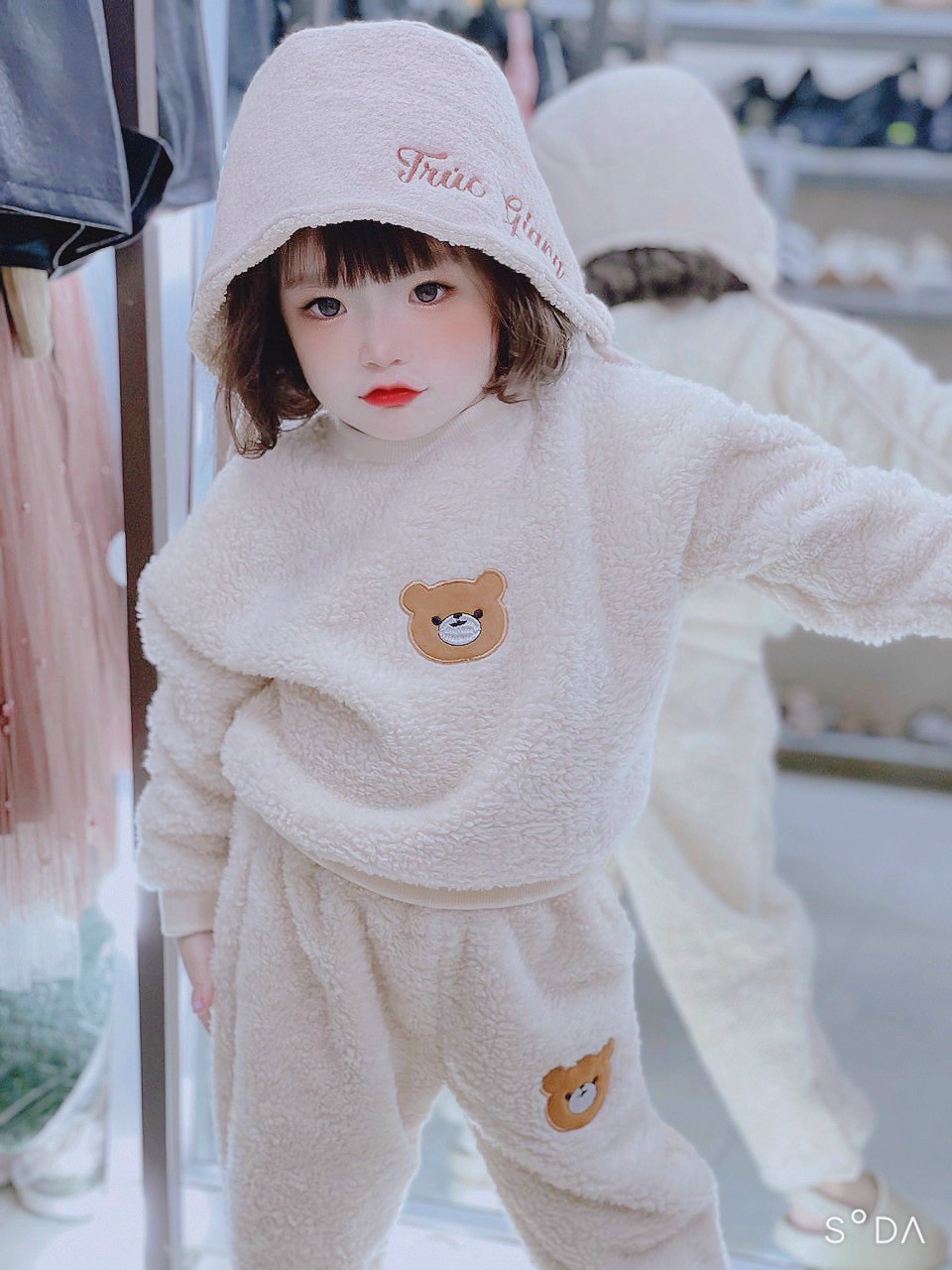 G536 - BỘ LÔNG CỪU BÉ MÀU BE THÊU GẤU NÂU
