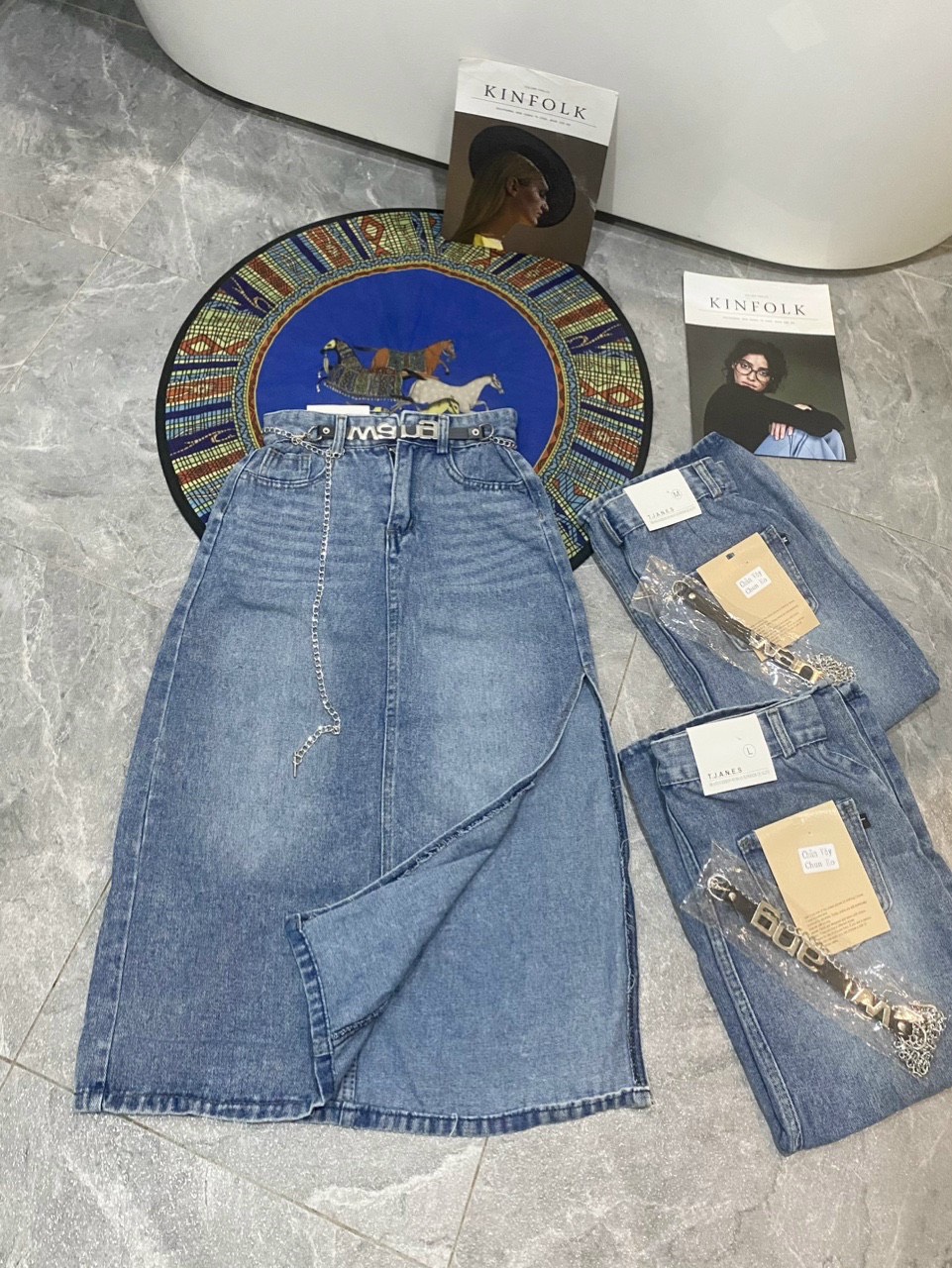 CV108 - CHÂN VÁY JEANS XANH XẺ BÊN CẠP CHUN ĐAI WANG