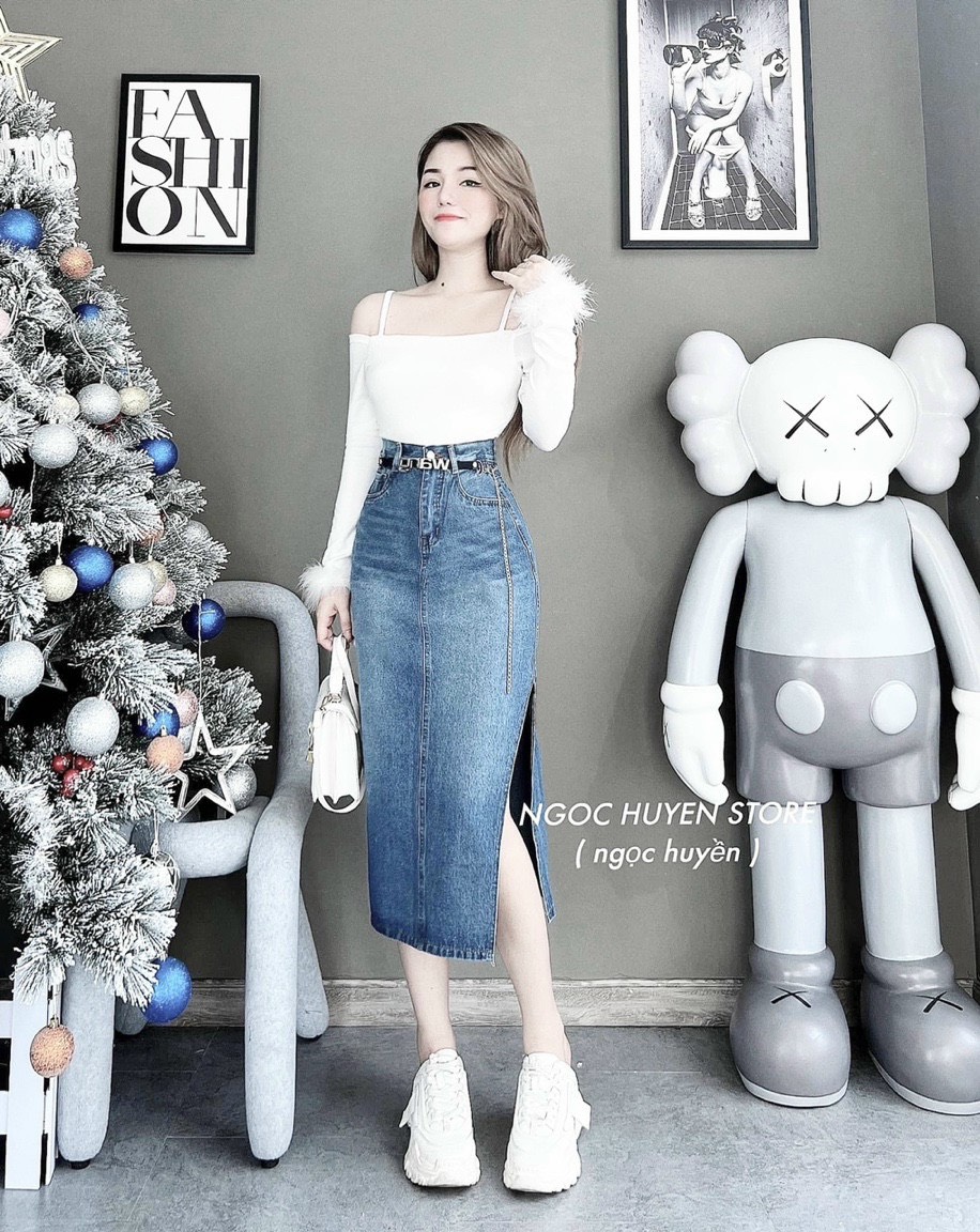 CV108 - CHÂN VÁY JEANS XANH XẺ BÊN CẠP CHUN ĐAI WANG