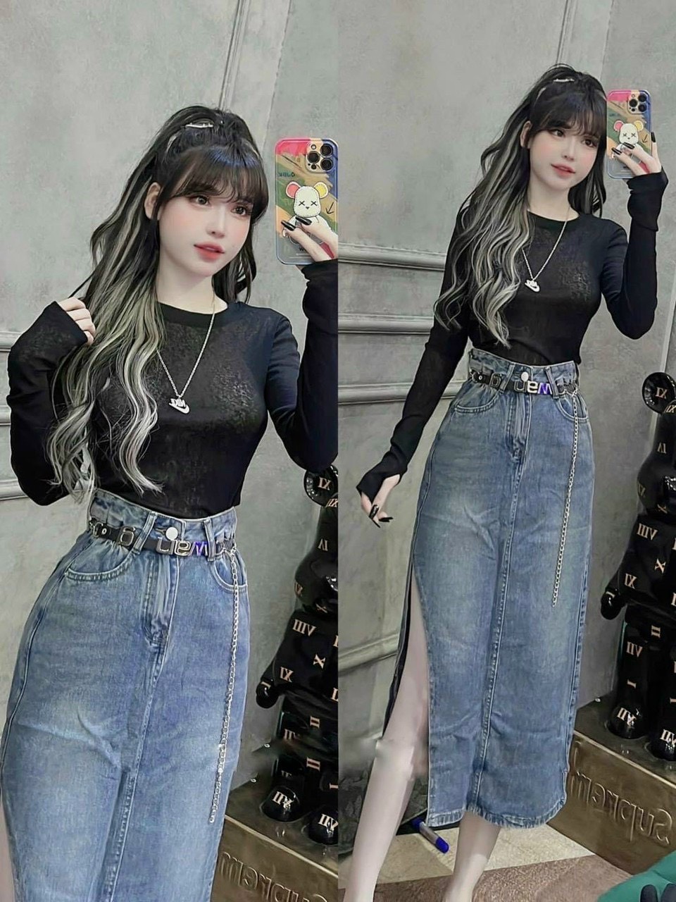 CV108 - CHÂN VÁY JEANS XANH XẺ BÊN CẠP CHUN ĐAI WANG