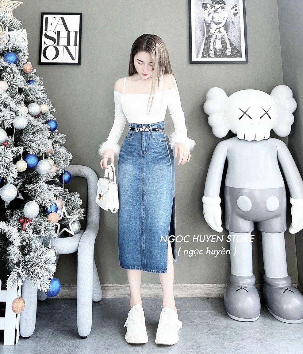 CV108 - CHÂN VÁY JEANS XANH XẺ BÊN CẠP CHUN ĐAI WANG