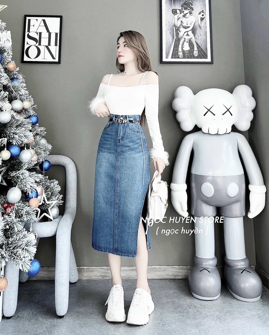 CV108 - CHÂN VÁY JEANS XANH XẺ BÊN CẠP CHUN ĐAI WANG