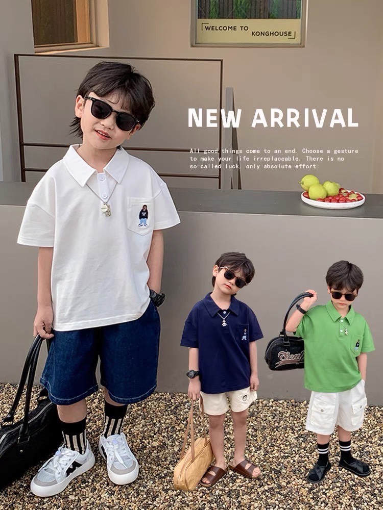 AB358 - SET 3 ÁO POLO BÉ TRAI THÊU GẤU XANH LÁ