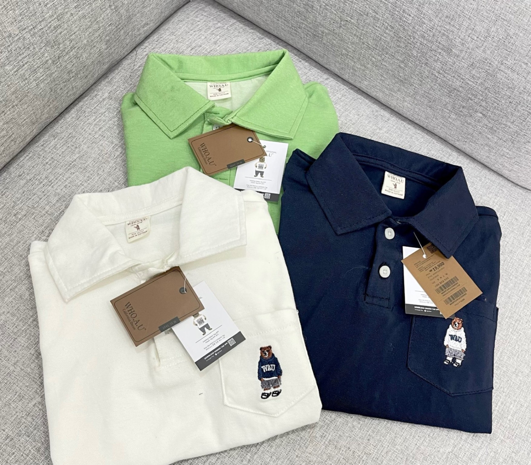 AB358 - SET 3 ÁO POLO BÉ TRAI THÊU GẤU XANH LÁ