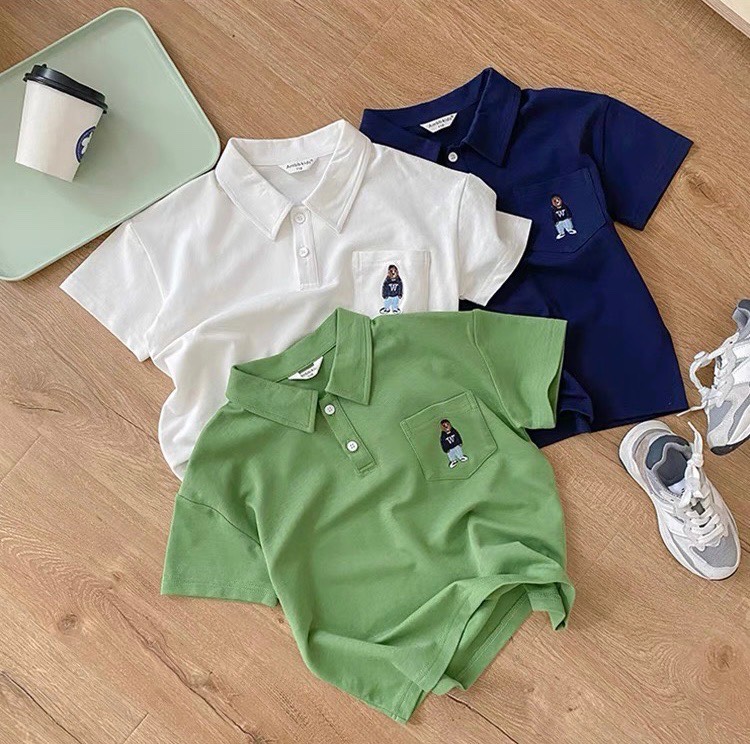 AB358 - SET 3 ÁO POLO BÉ TRAI THÊU GẤU XANH LÁ