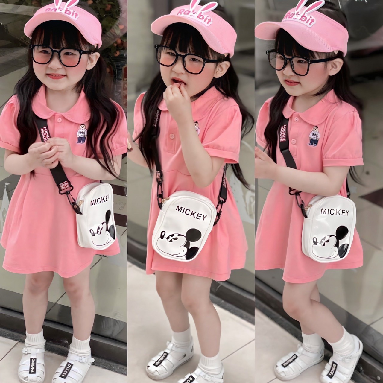 VB317 - SET 2 VÁY BÉ GÁI CỔ SEN TRẮNG HỒNG THÊU GẤU